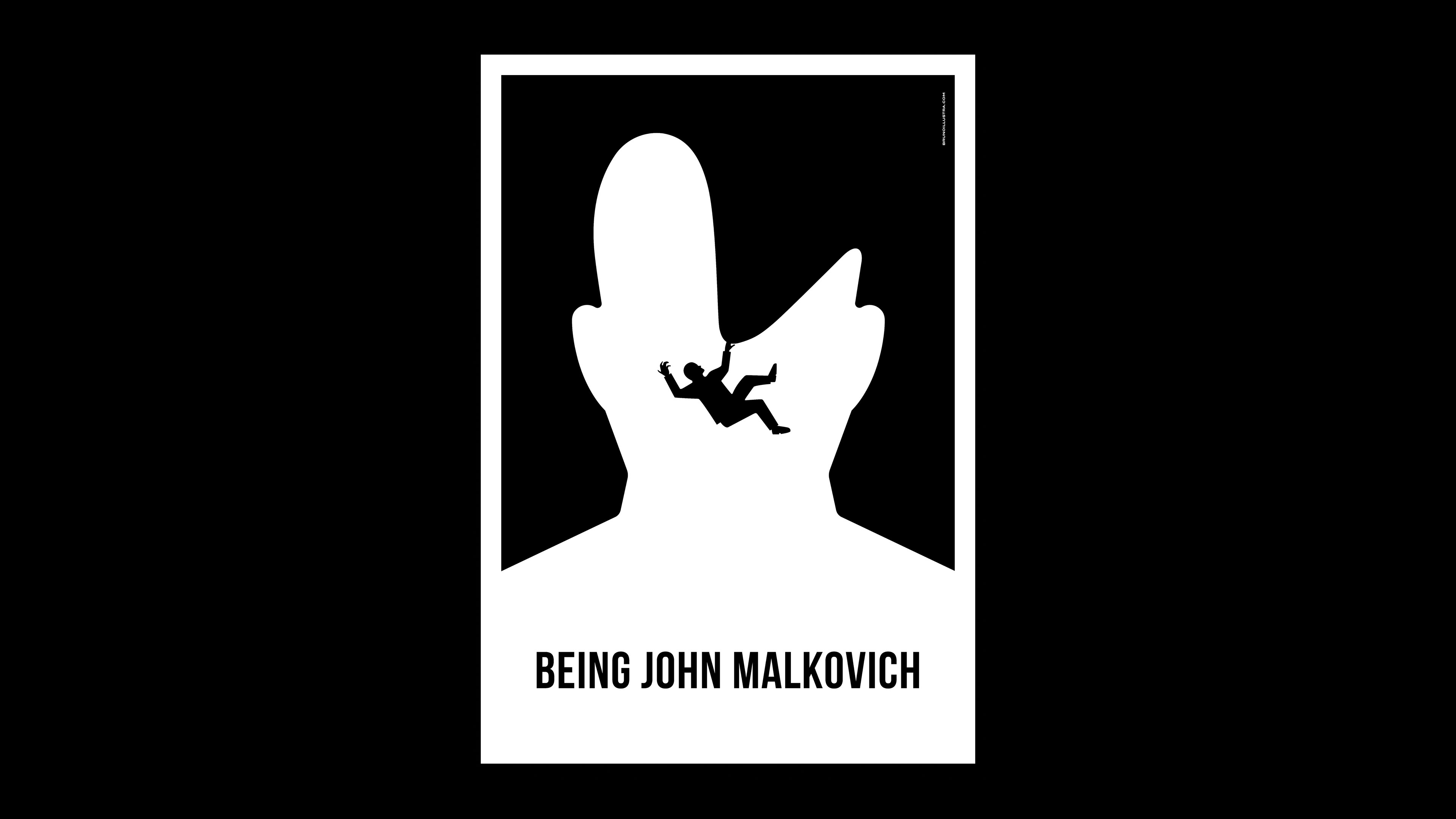 Minimalist poster of Being John Malkovich, depicting Craig Schwartz falling while holding John Malkovich’s head, symbolizing the surreal experience of entering the actor’s mind.