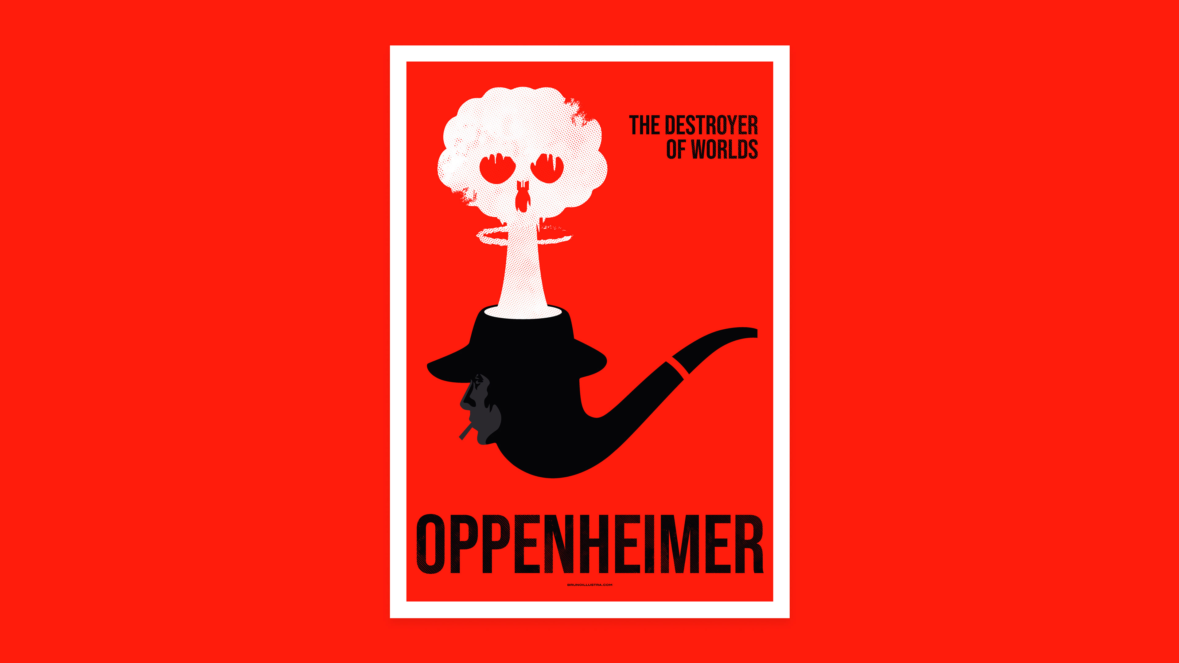 Minimalist poster of Oppenheimer, featuring J. Robert Oppenheimer’s silhouette with an atomic explosion emerging from his pipe.