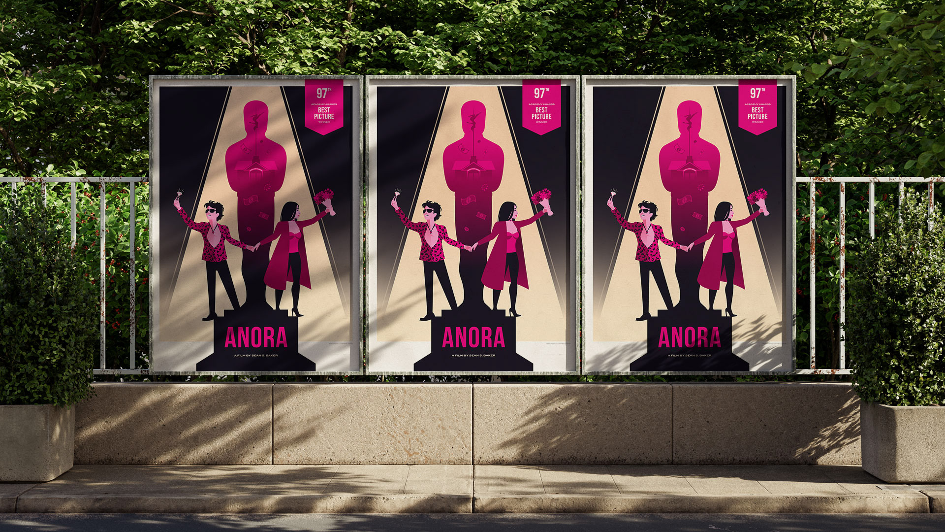 Alternative movie artwork for Anora using fuchsia tones to reflect love, nightlife, and emotional breakdown.