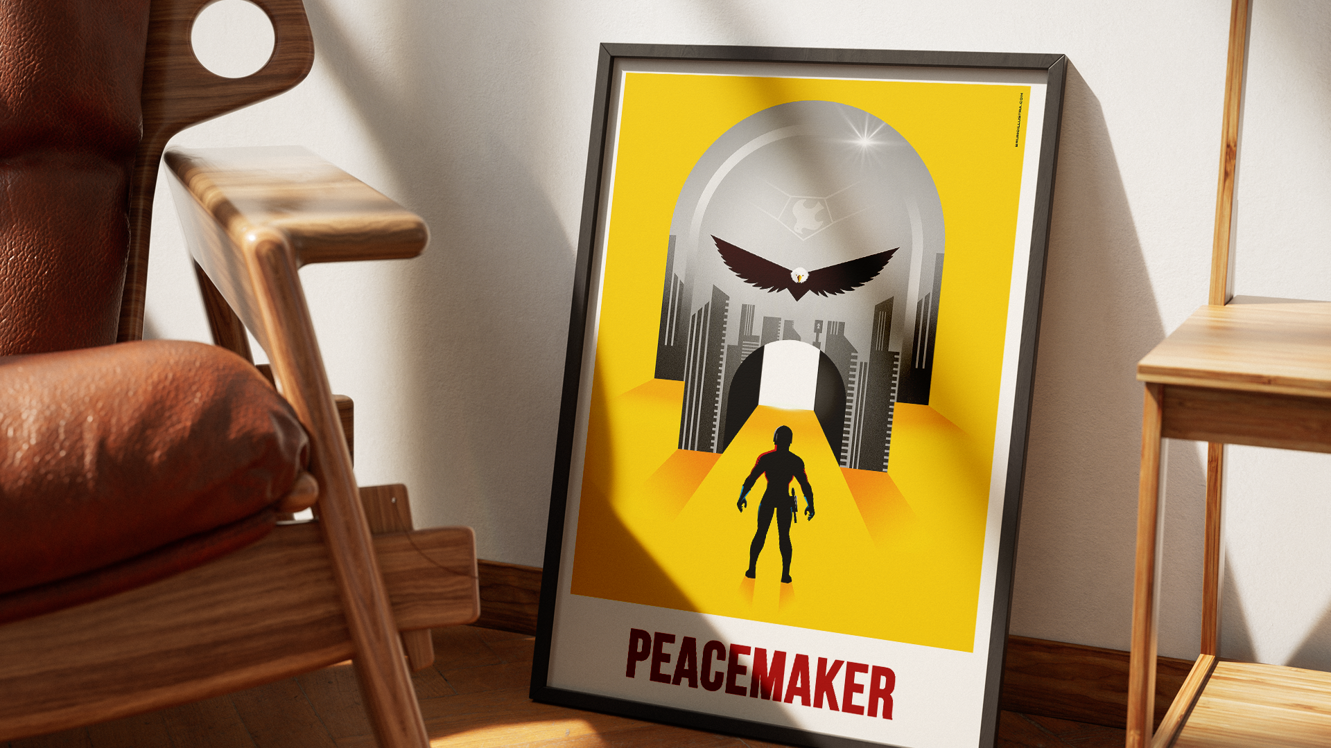 Peacemaker poster where Eagly flies across the pocket dimension, forming the eyes of the helmet and symbolizing freedom.