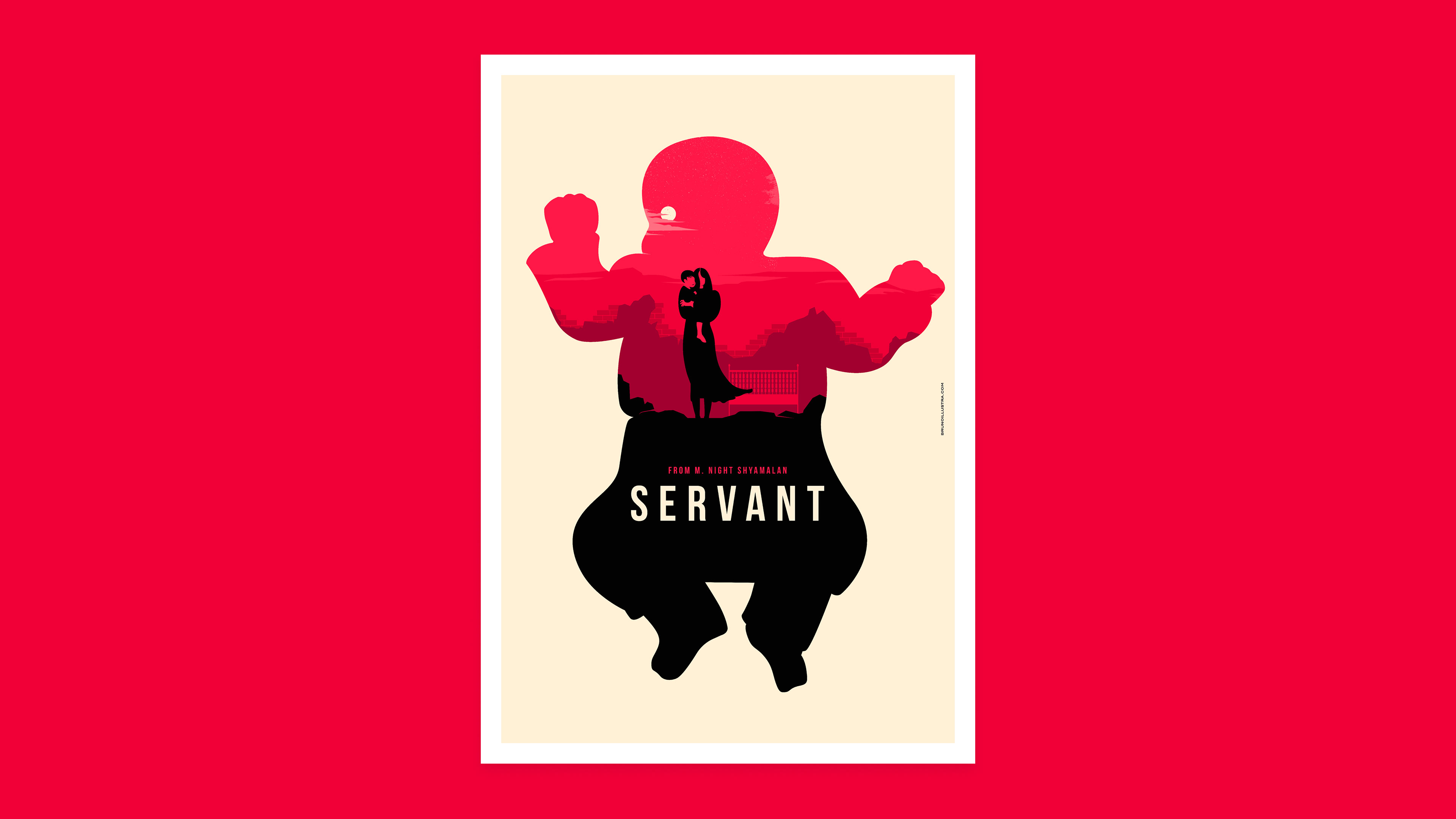 Minimalist poster of Servant, featuring the silhouette of the doll replacing Dorothy’s child, with Leanne Grayson holding the real baby in the negative space.