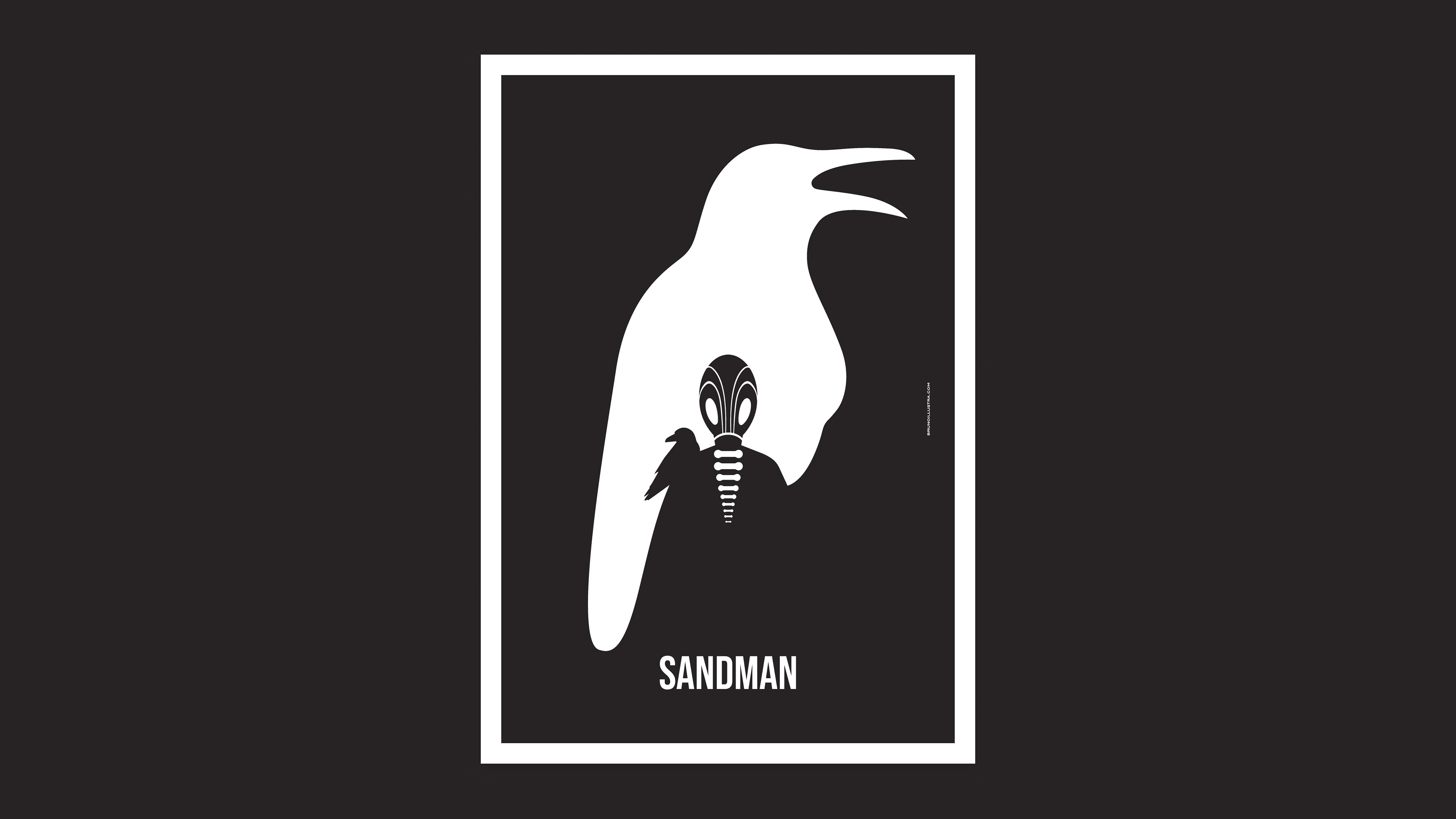Minimalist poster of Sandman, featuring the silhouette of Morpheus with his signature hood and raven messenger, symbolizing his connection to the dream realm.