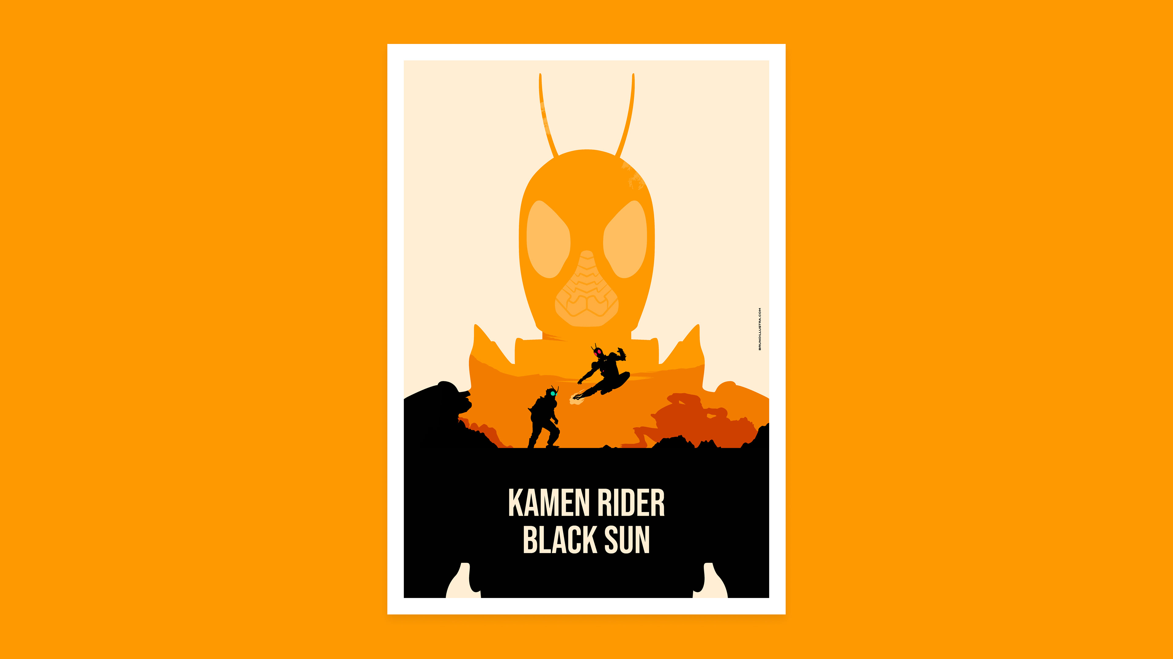 Minimalist poster of Kamen Rider Black Sun, featuring the protagonist’s orange silhouette representing hope, with black elements symbolizing the duality of Black Sun and Shadow Moon.