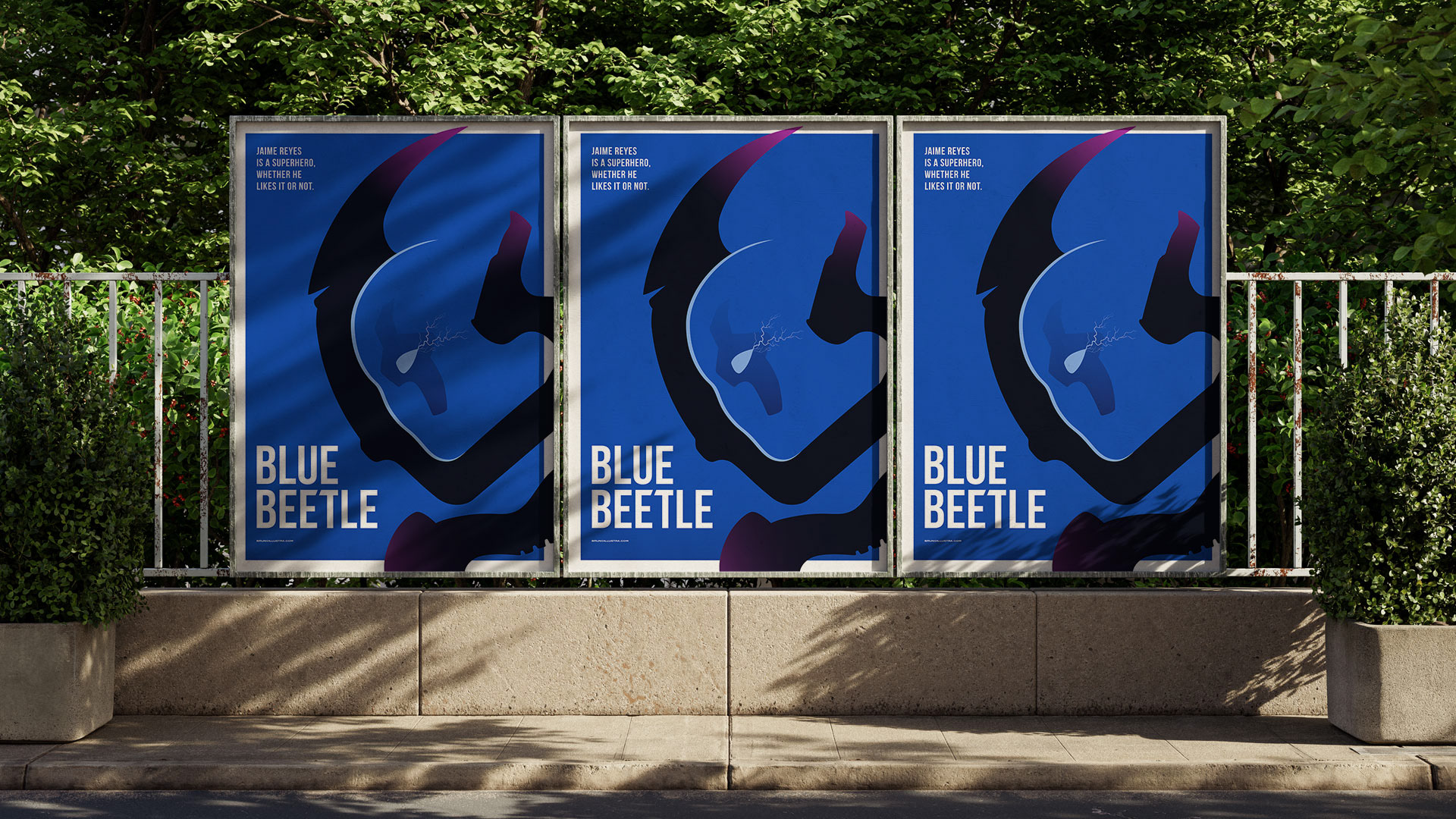 3. Superhero movie poster of Blue Beetle (2023), using blue tones and negative space to represent the transformation of Jaime Reyes into the DC character.