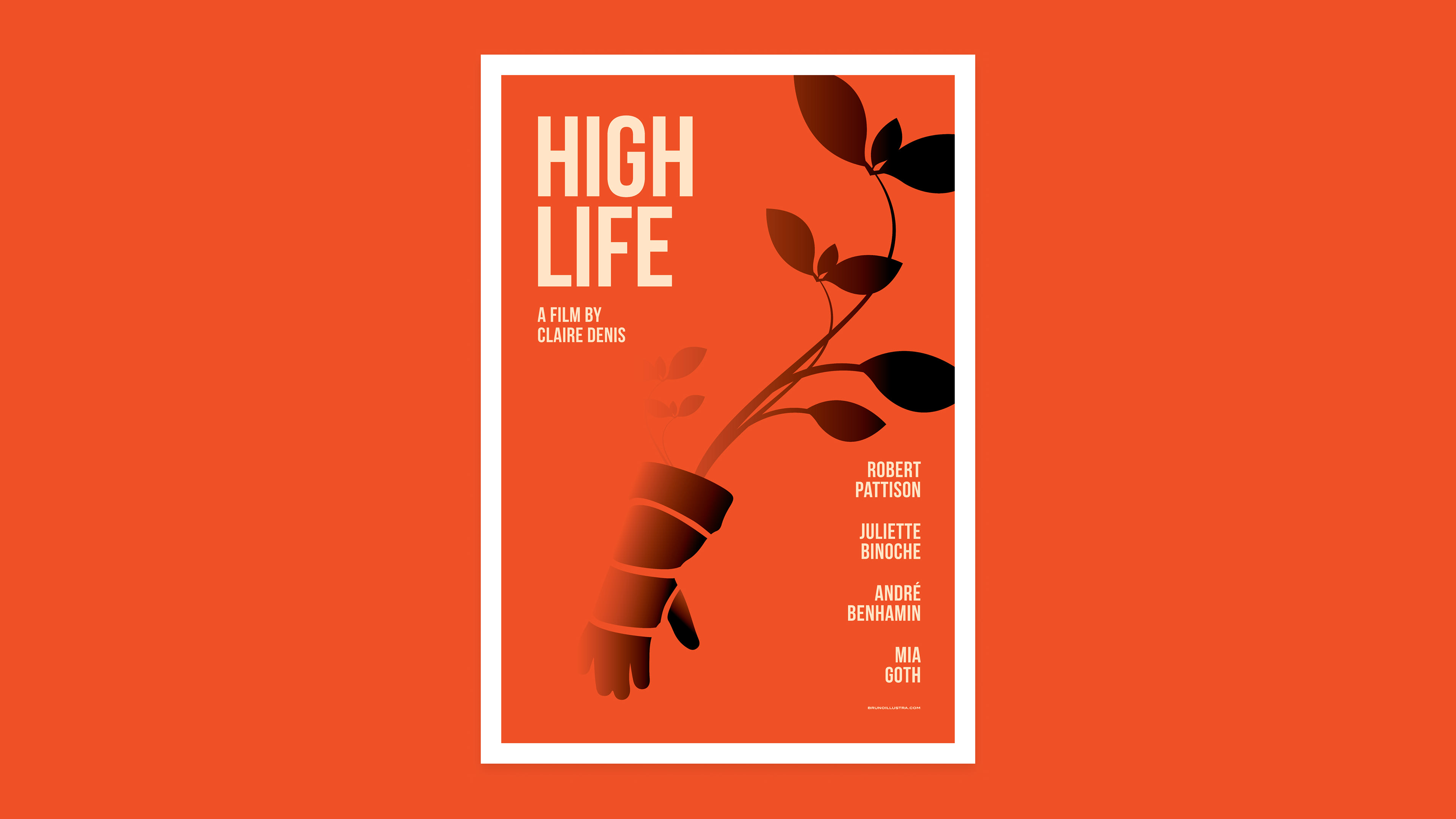 Minimalist poster of High Life, featuring the silhouette of a hand in space, possibly Monte’s glove, with a plant growing, symbolizing survival and renewal.\
