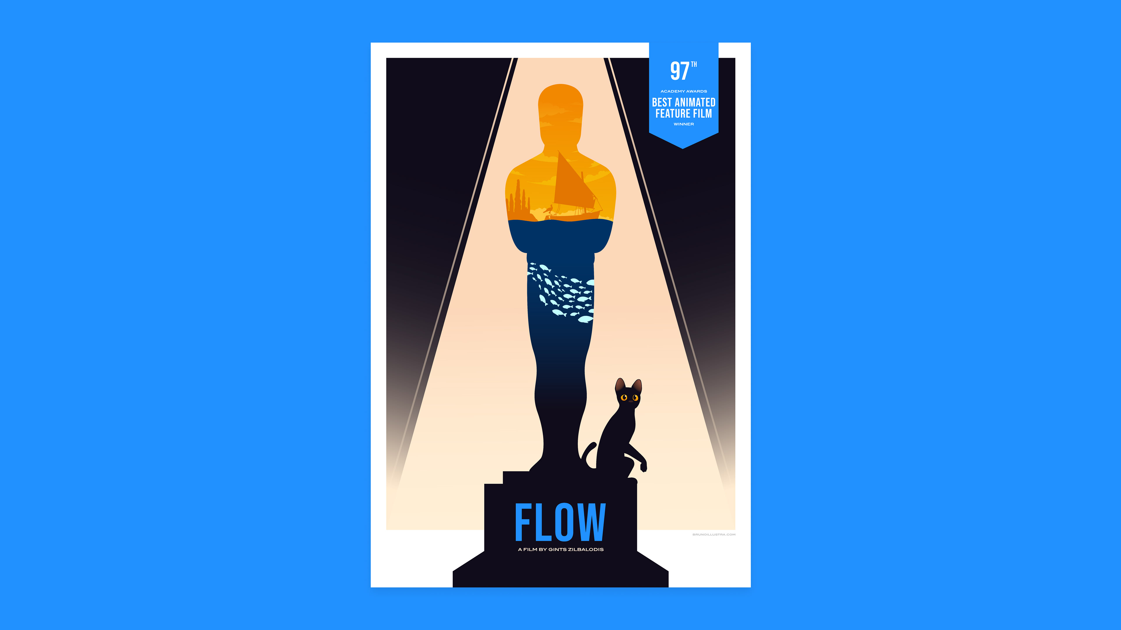 Minimalist poster of Flow, featuring the silhouette of the cat standing on the base of the Oscar statuette, with the negative space revealing the film’s landscape.