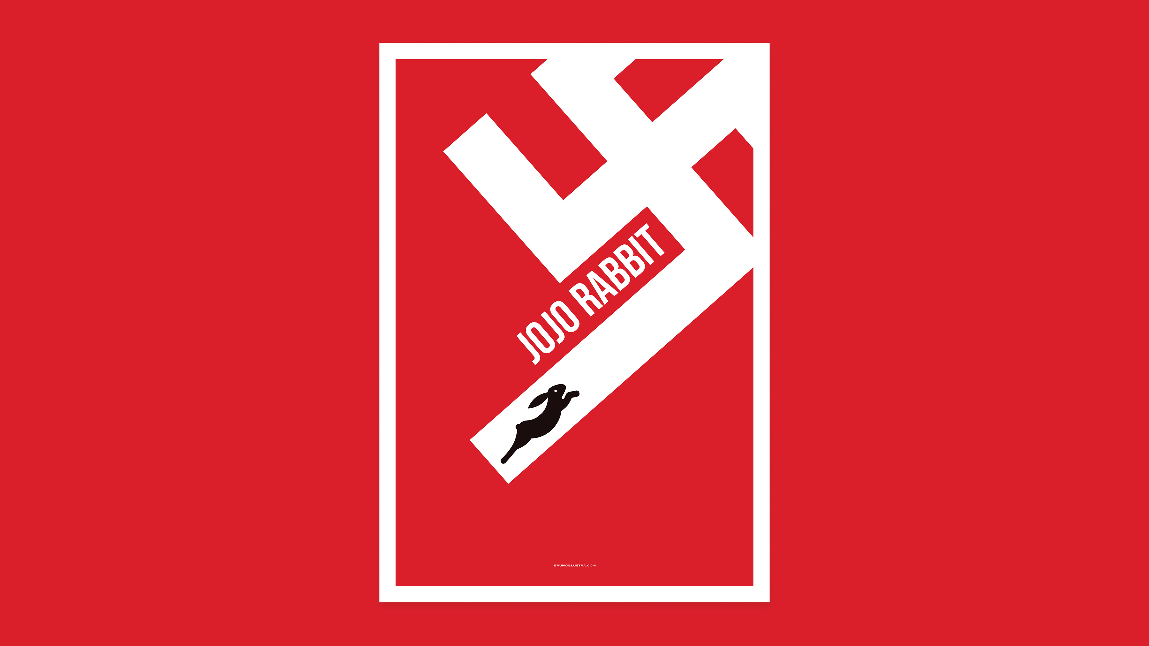 Minimalist poster of Jojo Rabbit, featuring a rabbit silhouette inside an inverted swastika, symbolizing Jojo’s ideological journey.