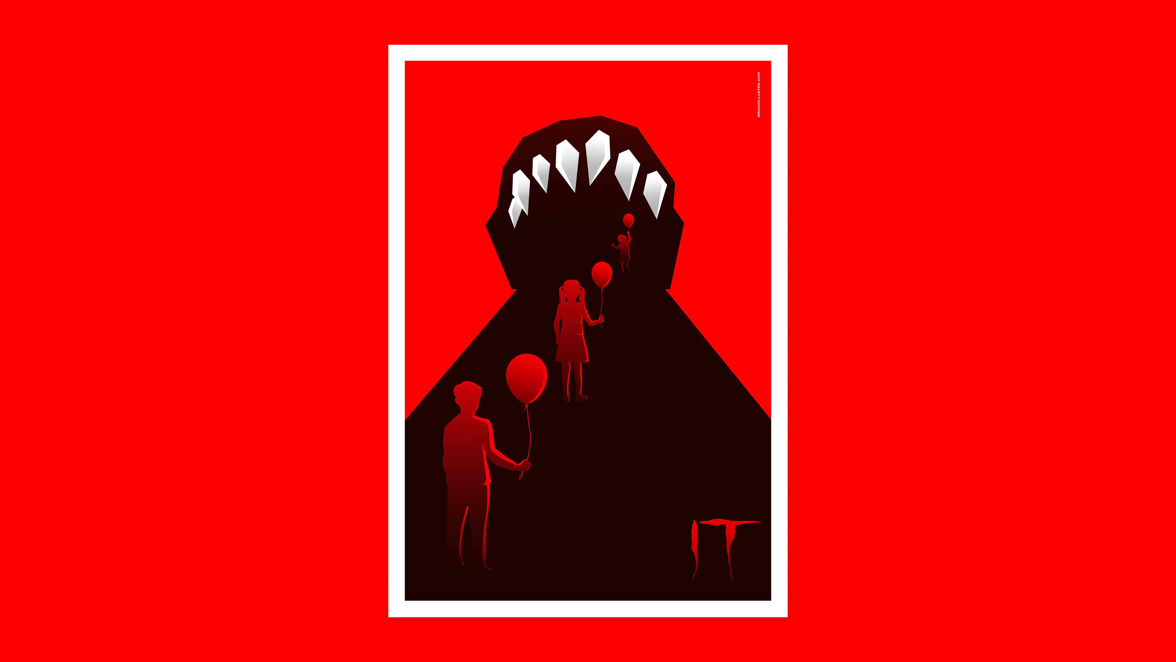 Minimalist poster of IT: A Masterpiece of Fear, featuring Pennywise’s monstrous form with hypnotized children walking towards him with red balloons.