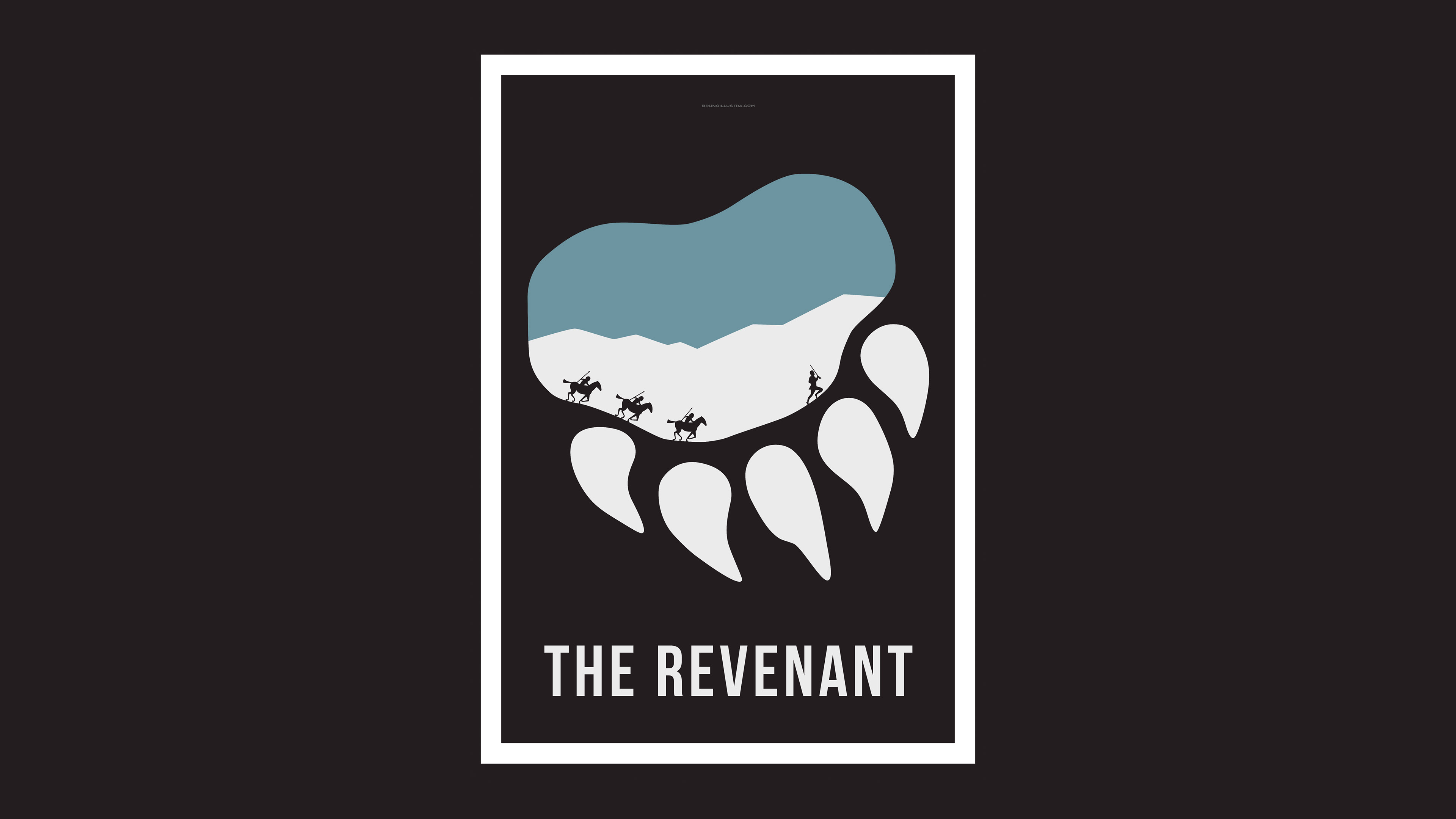 Minimalist poster of The Revenant, featuring a bear’s paw print with Hugh Glass’s silhouette running inside it, symbolizing survival.