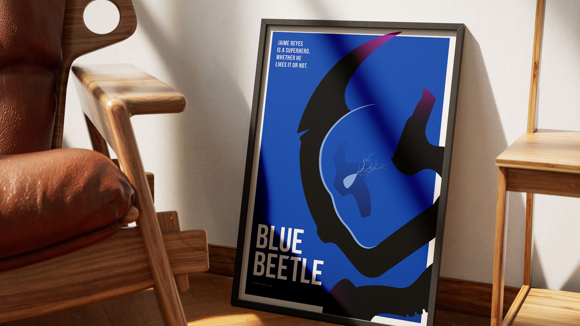 2. Alternative film poster for Blue Beetle (2023), highlighting the connection between the hero’s suit and the futuristic aesthetic of the movie.