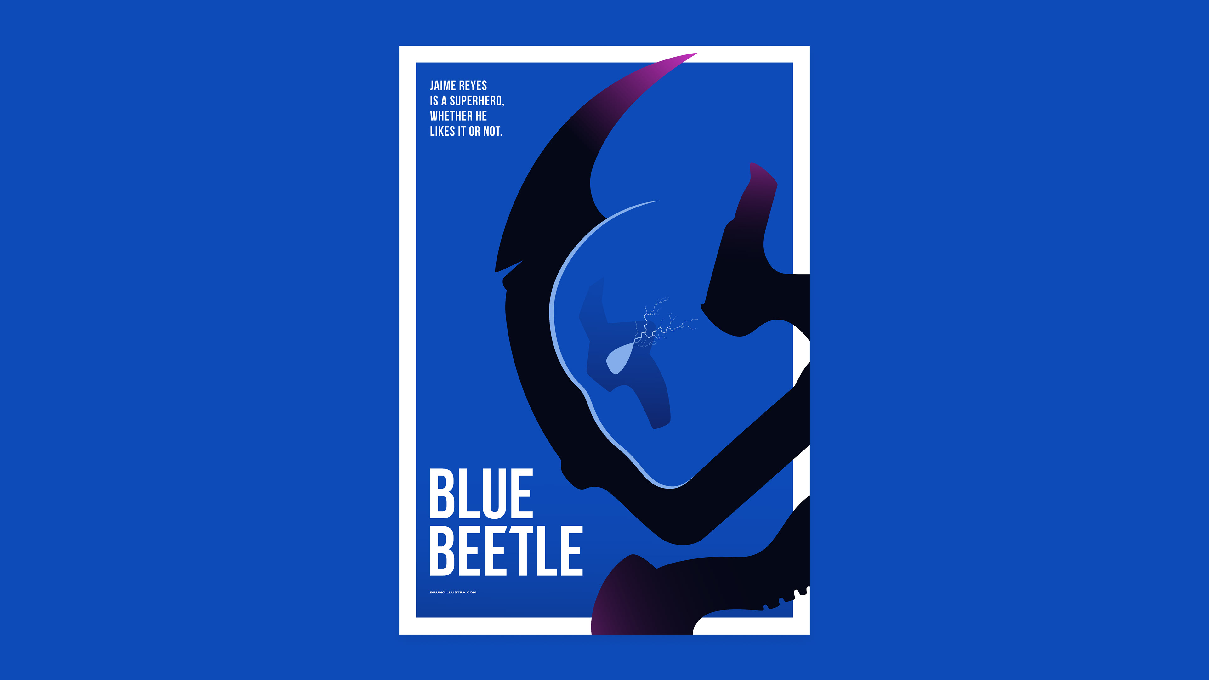 1. Minimalist movie poster of Blue Beetle (2023), featuring the silhouette of Jaime Reyes with the scarab’s legs forming his facial features through negative space.
