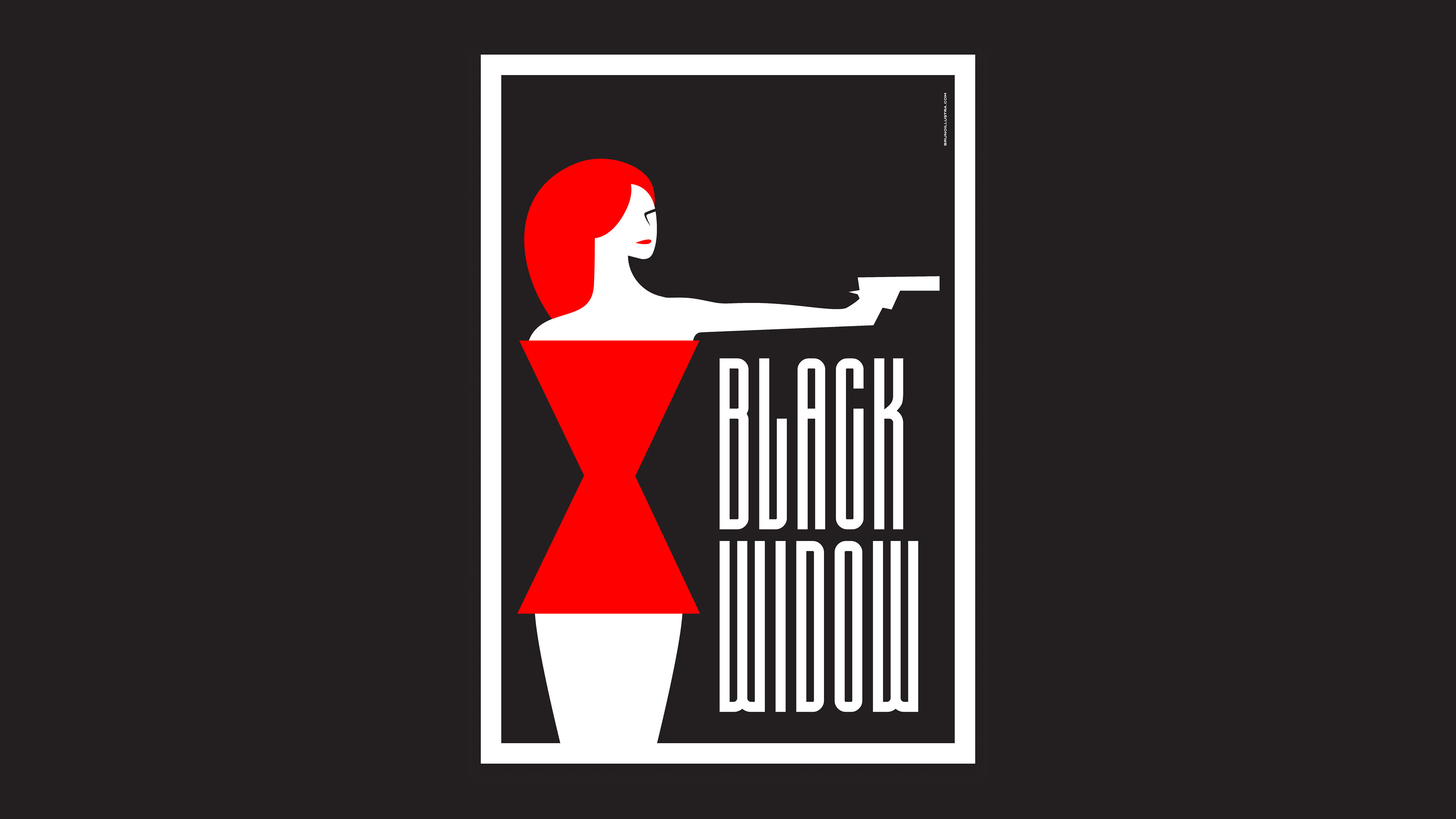 Minimalist poster of Black Widow, featuring Natasha Romanoff’s silhouette in an action pose with her suit shaped by the hourglass symbol.