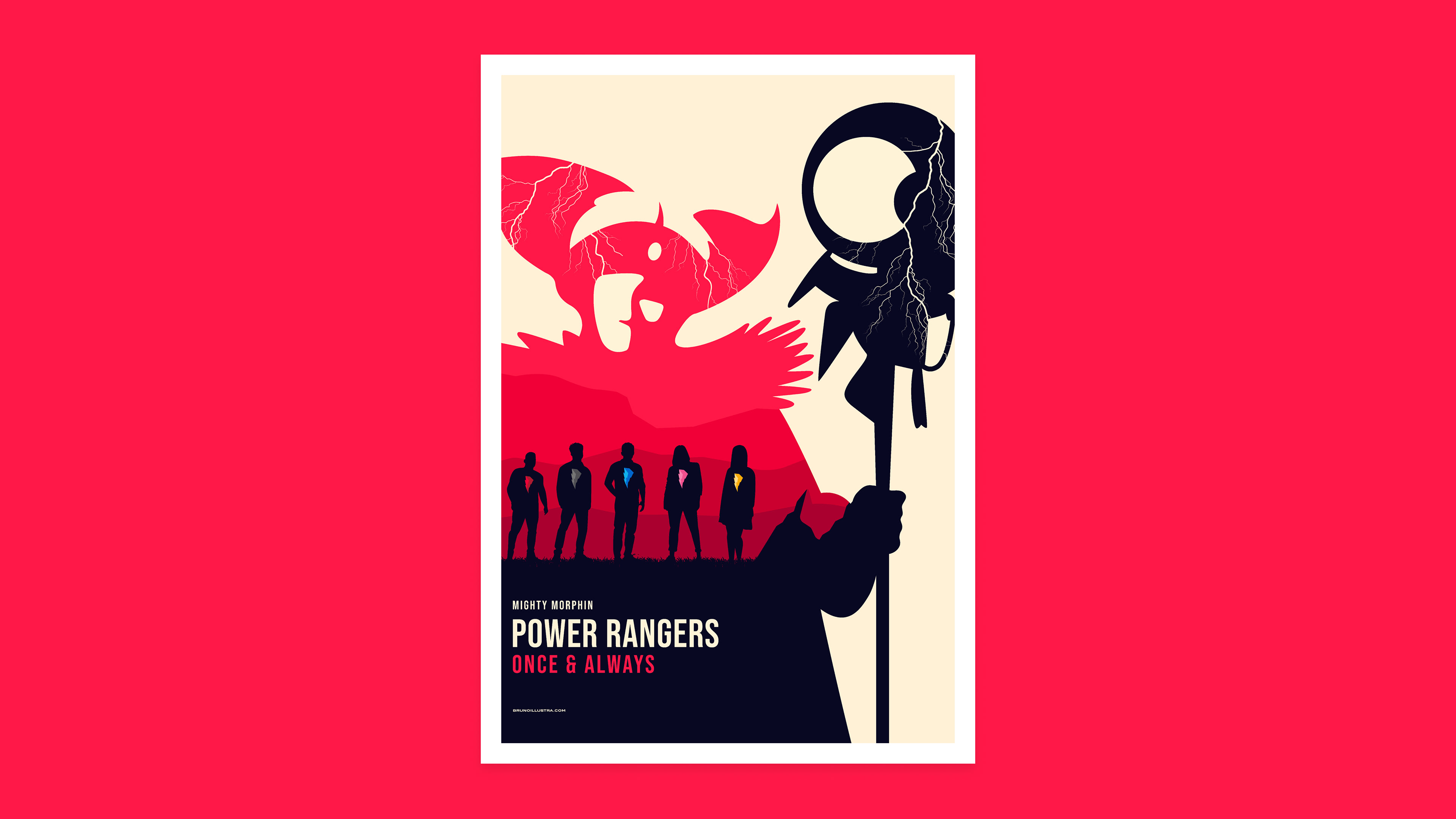 Minimalist poster of Power Rangers: Once & Always, featuring the silhouettes of the original Rangers inside a lightning bolt, with a yellow bolt representing the arrival of Minh Kwan.