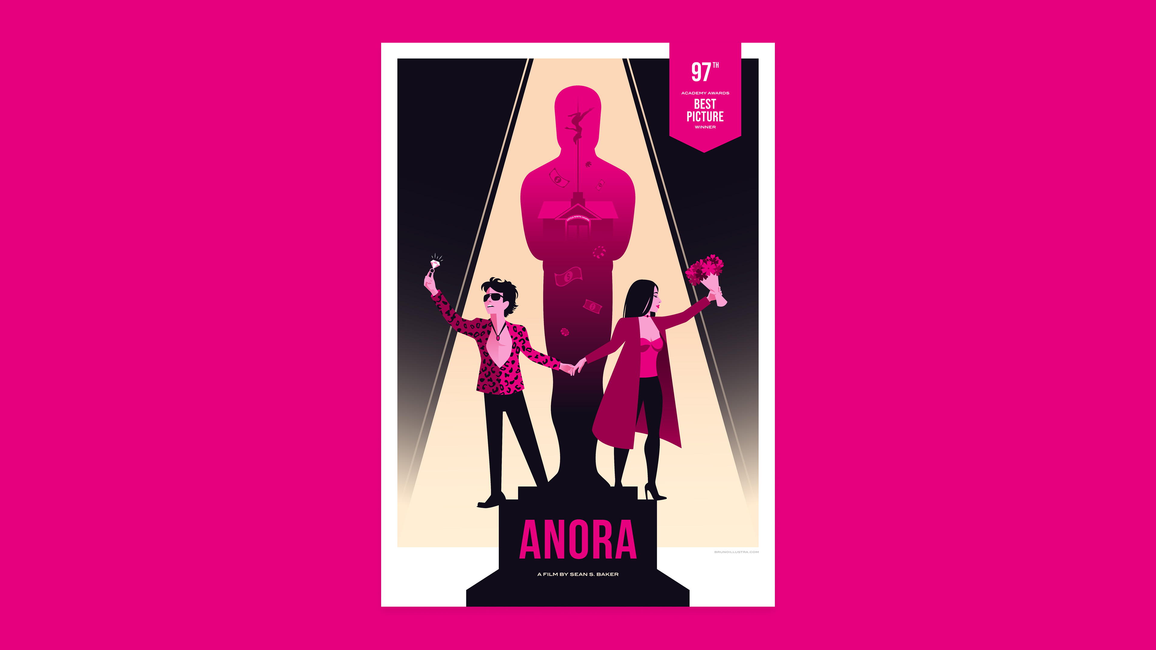 Minimalist poster of Anora (2024), featuring the Oscar silhouette framing the key wedding scene.