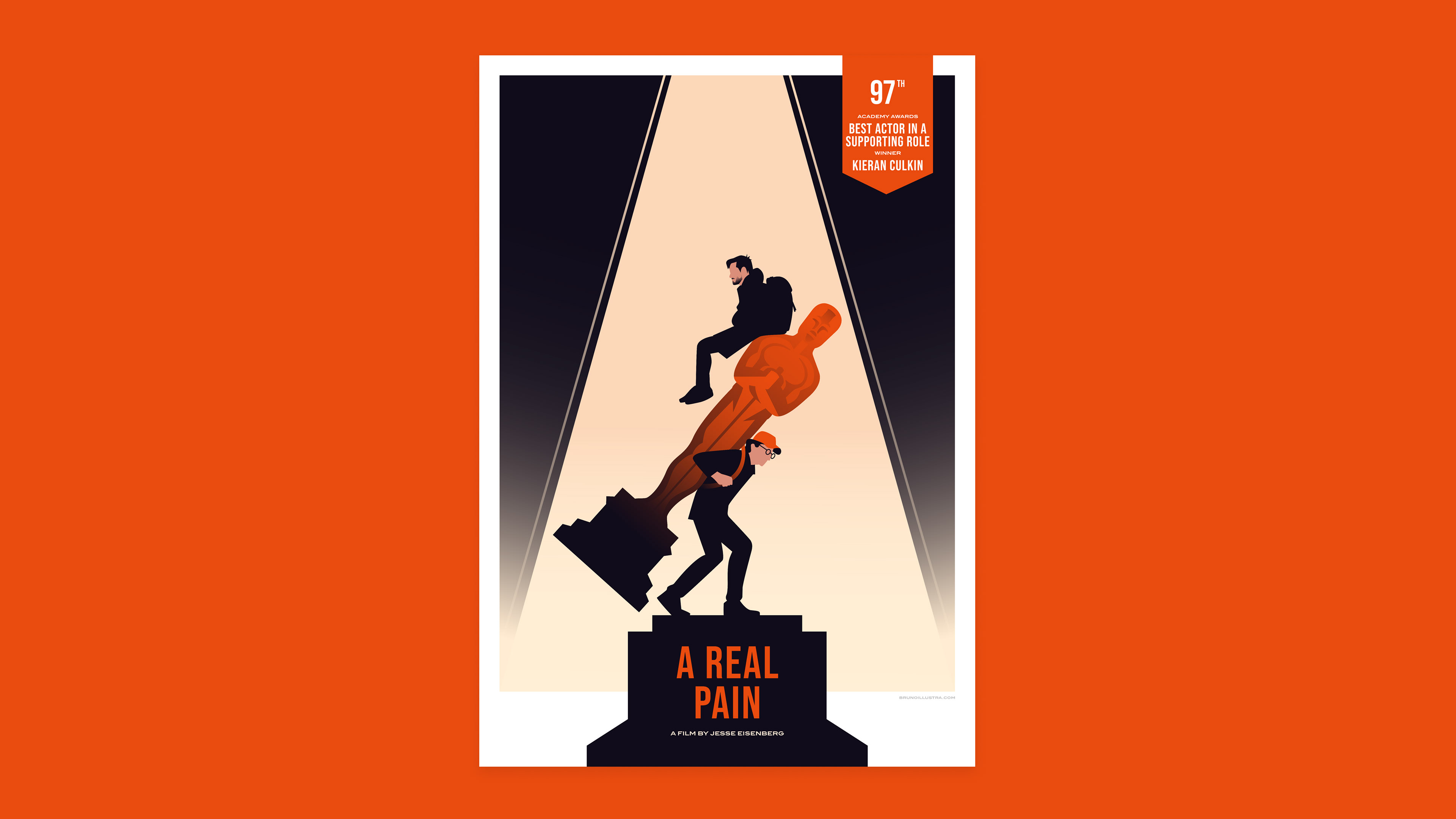 Minimalist poster of A Real Pain, featuring Benji being carried by David, with an Oscar statuette replacing the backpack, symbolizing the film’s recognition.