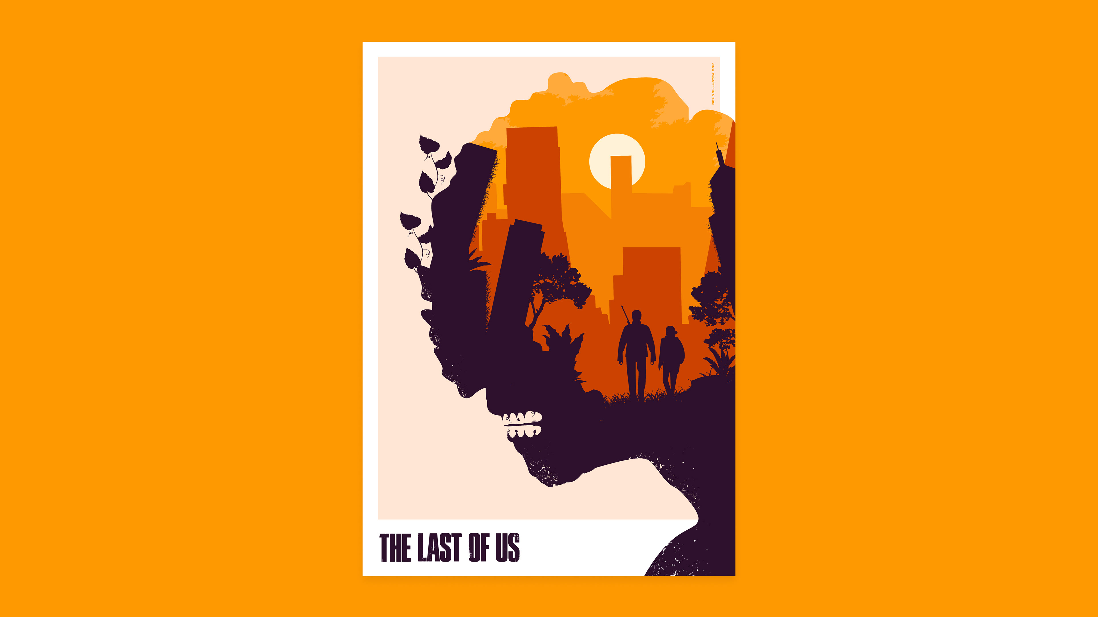 Minimalist poster of The Last of Us, featuring the silhouette of a Clicker, with Joel and Ellie walking through a post-apocalyptic landscape inside it.