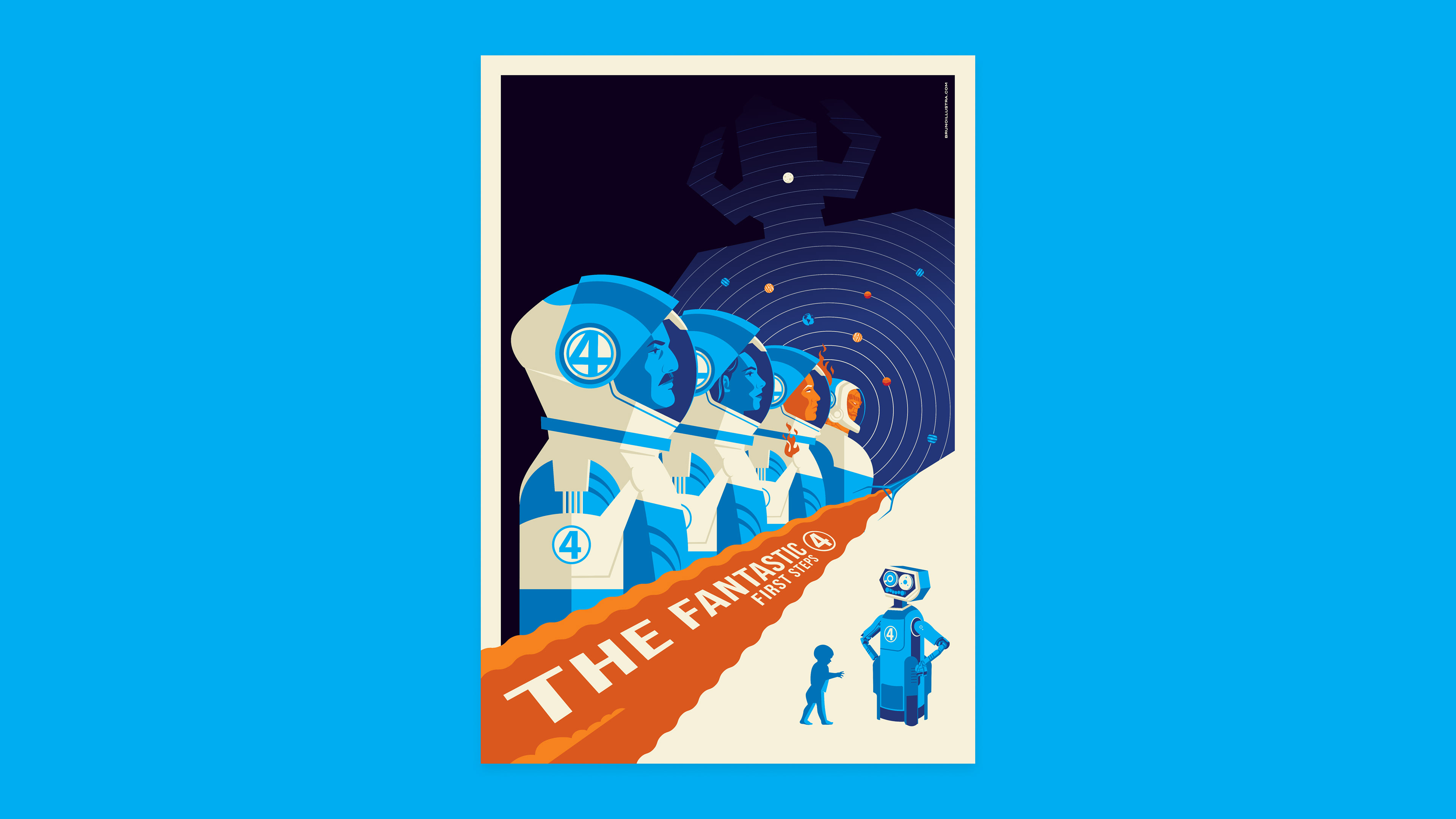 1. Minimalist poster with the Fantastic Four in space suits marching forward; Galactus’ silhouette and concentric cosmic rings behind; orange rocket stripe with the title.