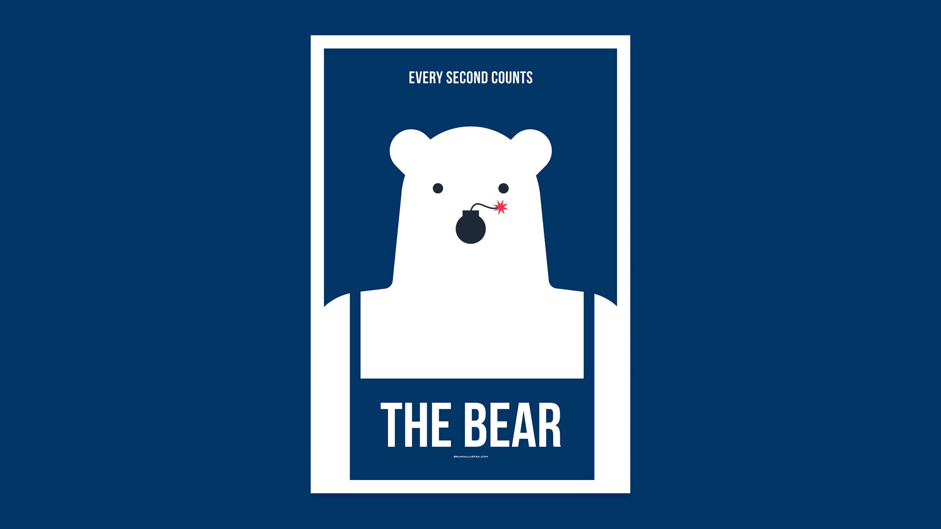 Minimalist poster of The Bear, featuring the silhouette of Carmy Berzatto in the shape of a bear, with his nose resembling a bomb, symbolizing pressure.