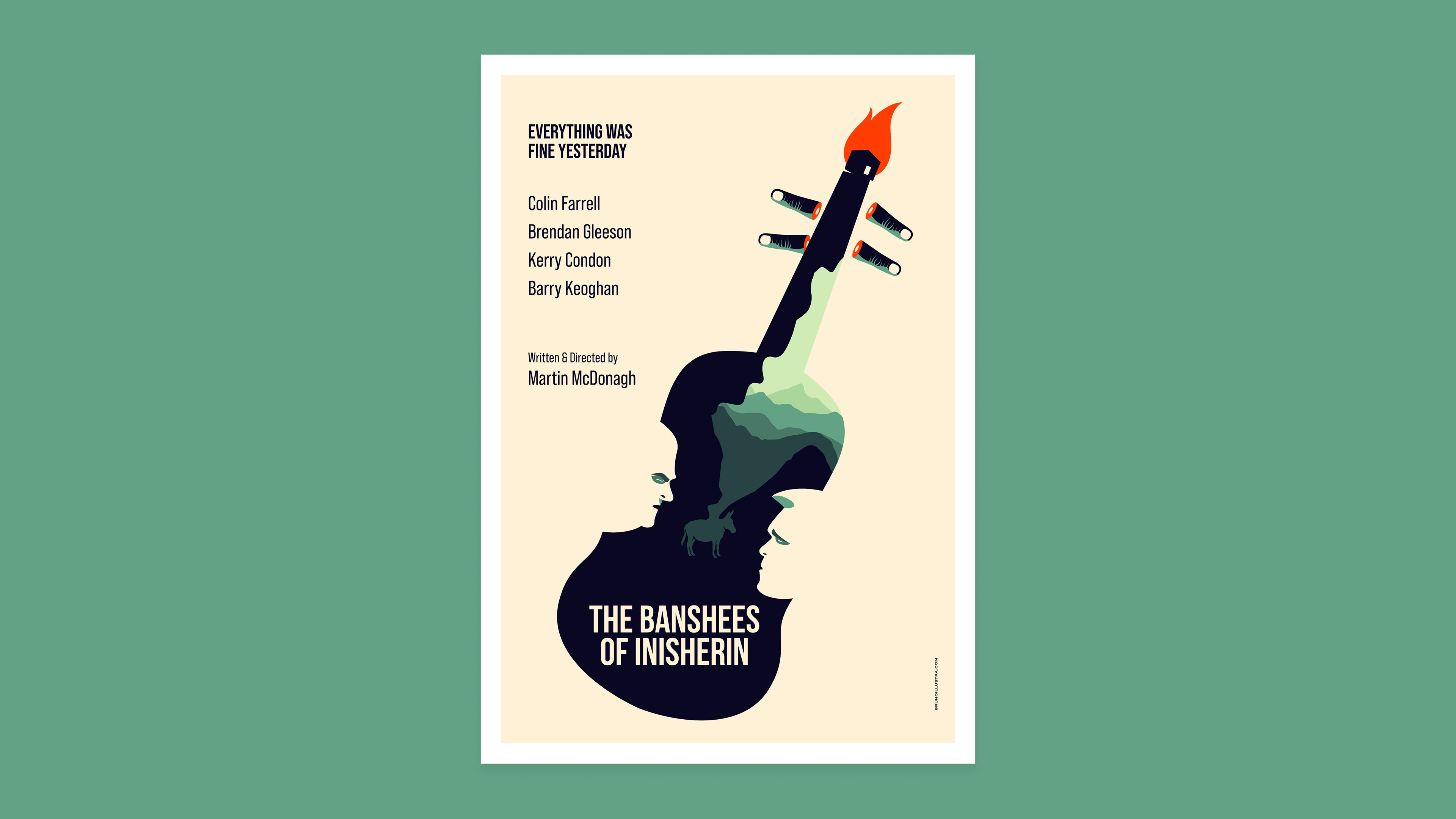 Minimalist poster of The Banshees of Inisherin, featuring symbolic elements like the feud between Pádraic and Colm, Jenny the donkey, severed fingers, and the burning house.