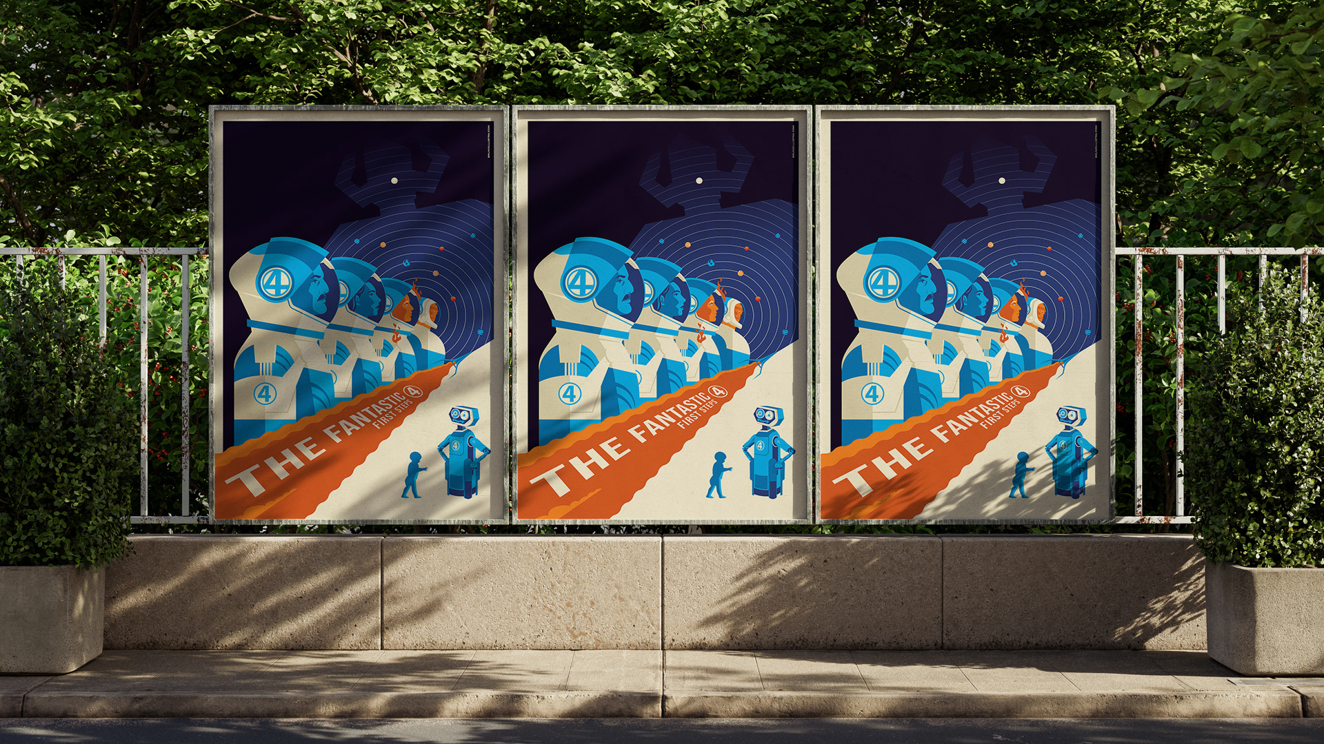 3. Split composition: epic upper half (Galactus and cosmic waves) and intimate lower half (Franklin + HERBIE), in a 1960s-inspired blue-orange palette.