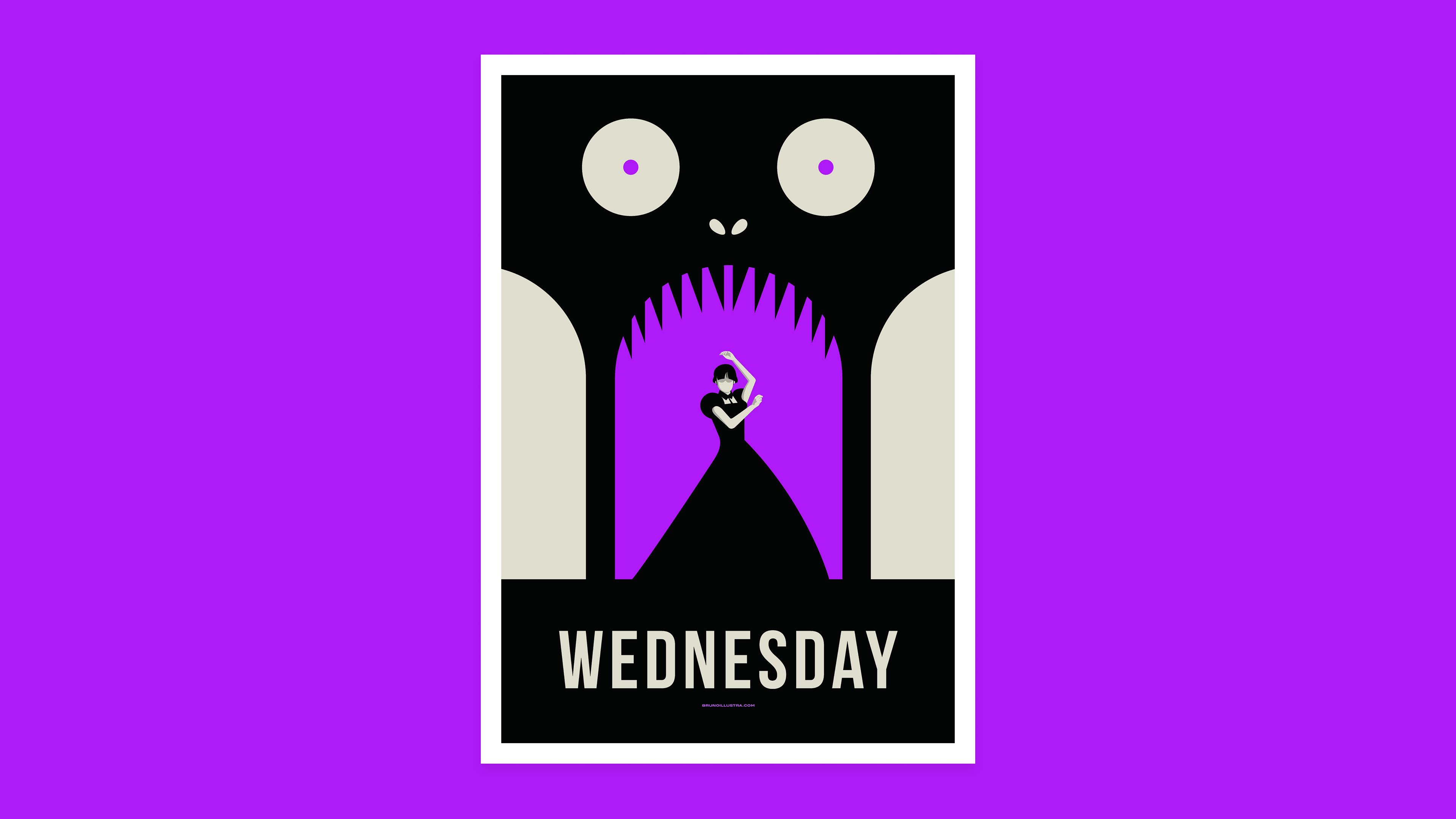 Minimalist poster of Wednesday, featuring the silhouette of Wednesday Addams with a door behind her, symbolizing the Hyde monster and the mystery of the first season.