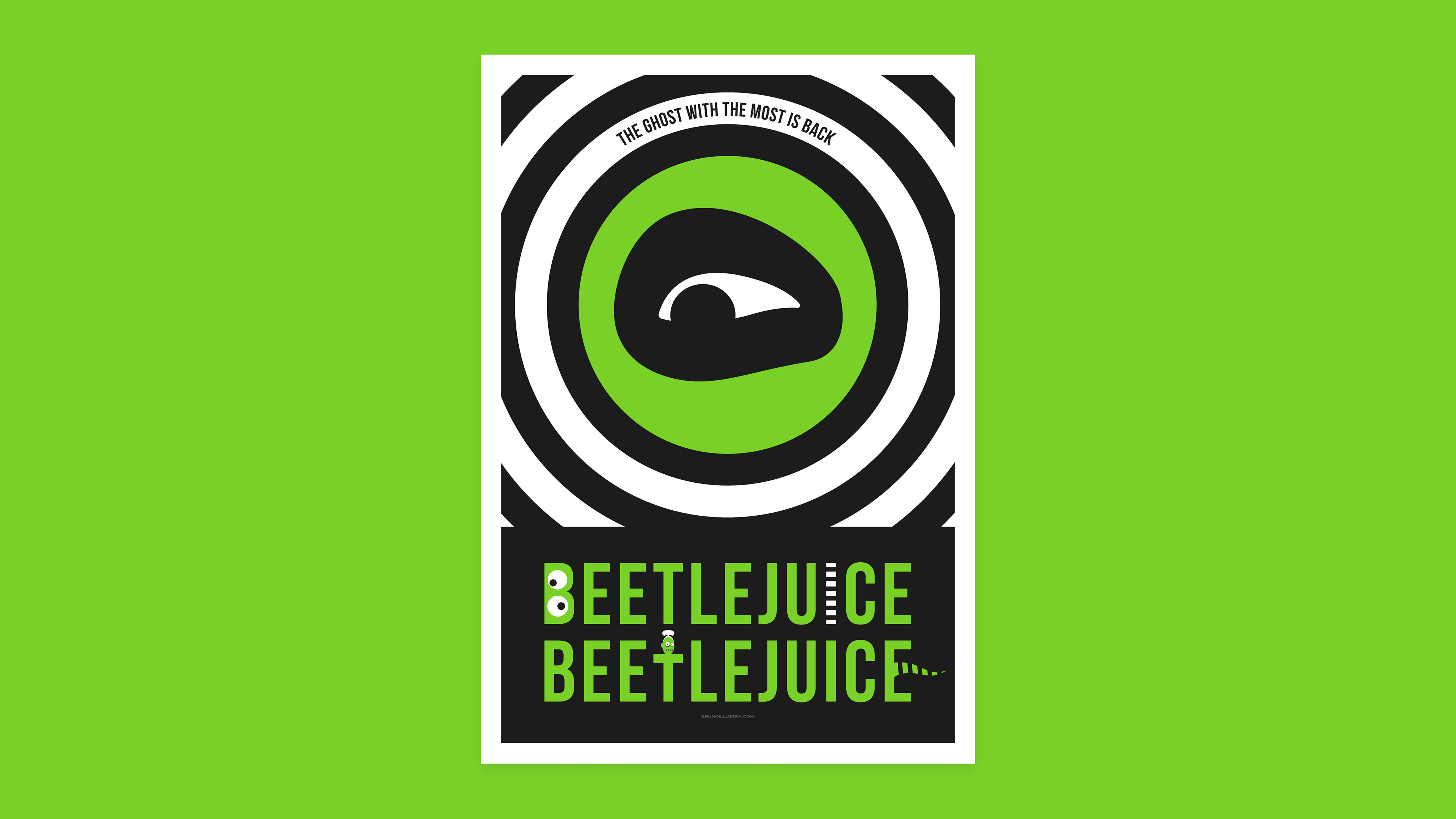 Minimalist poster of Beetlejuice, featuring Beetlejuice’s eye with his gaze referencing the phrase: ‘The Ghost With the Most is Back.