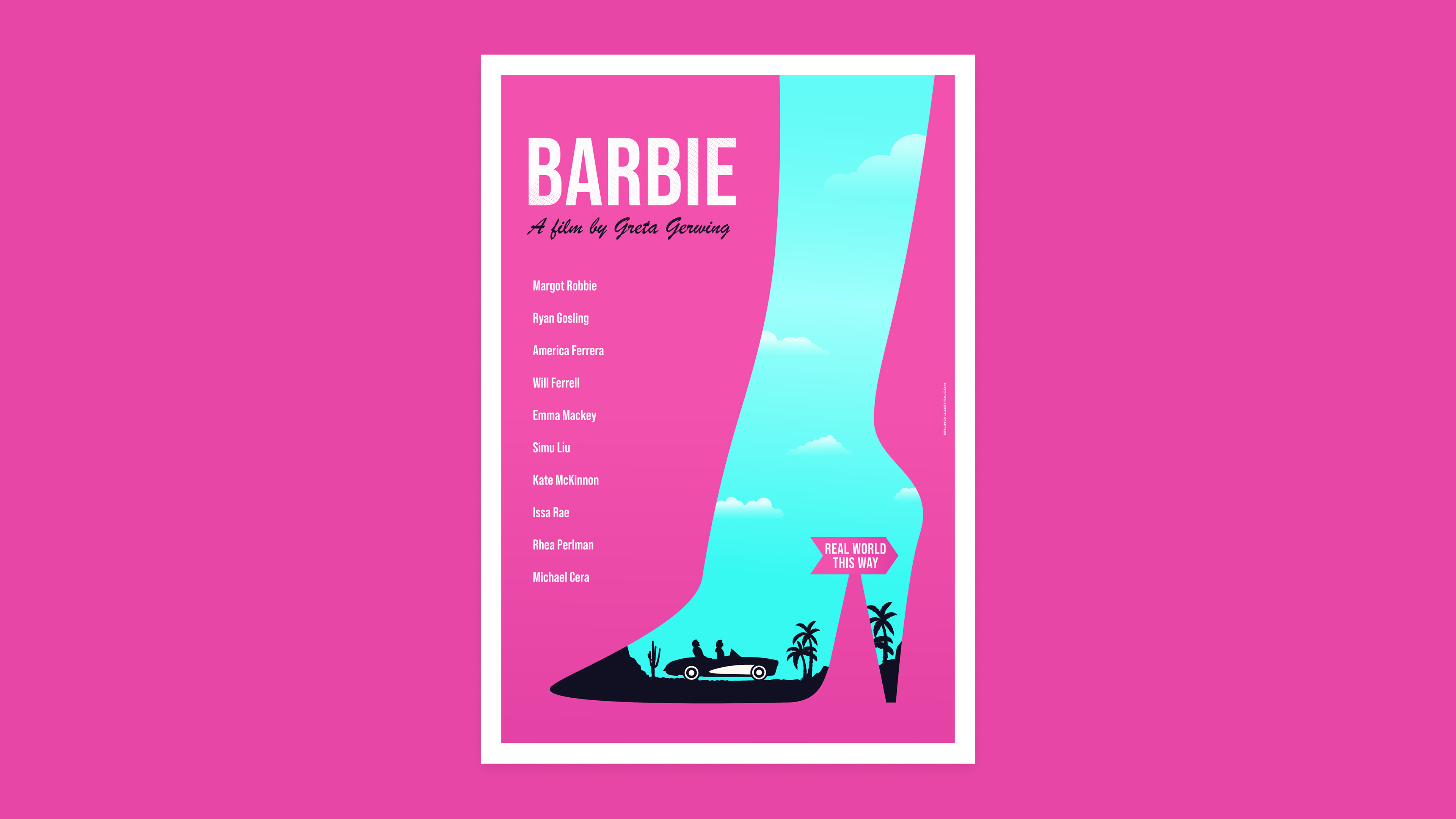 Minimalist poster of Barbie, featuring Barbie’s iconic high-heel silhouette forming part of the ‘Real World This Way’ sign.