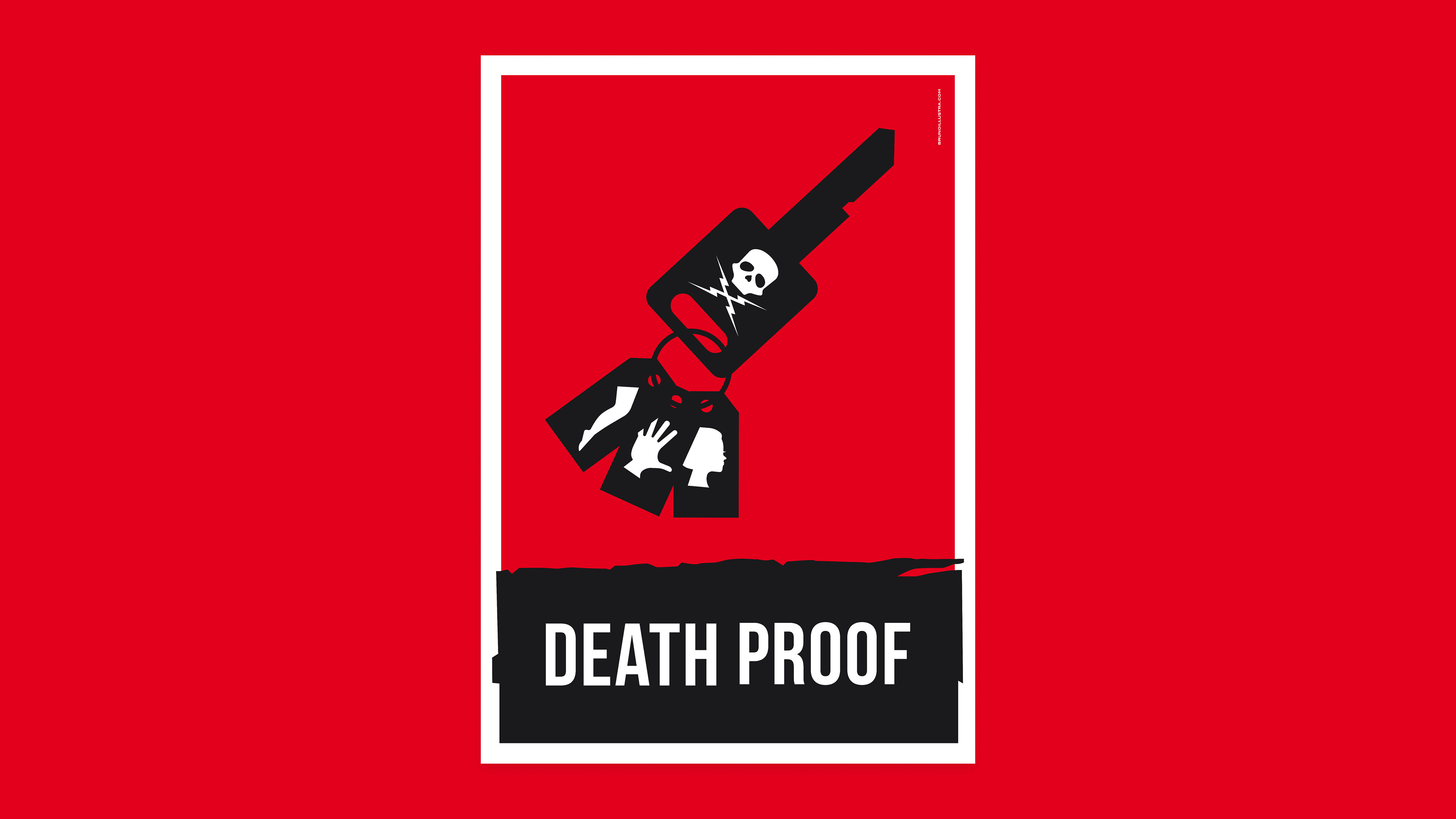 Minimalist poster of Death Proof, featuring a car key with a skull, symbolizing stuntman Mike’s deadly vehicle.