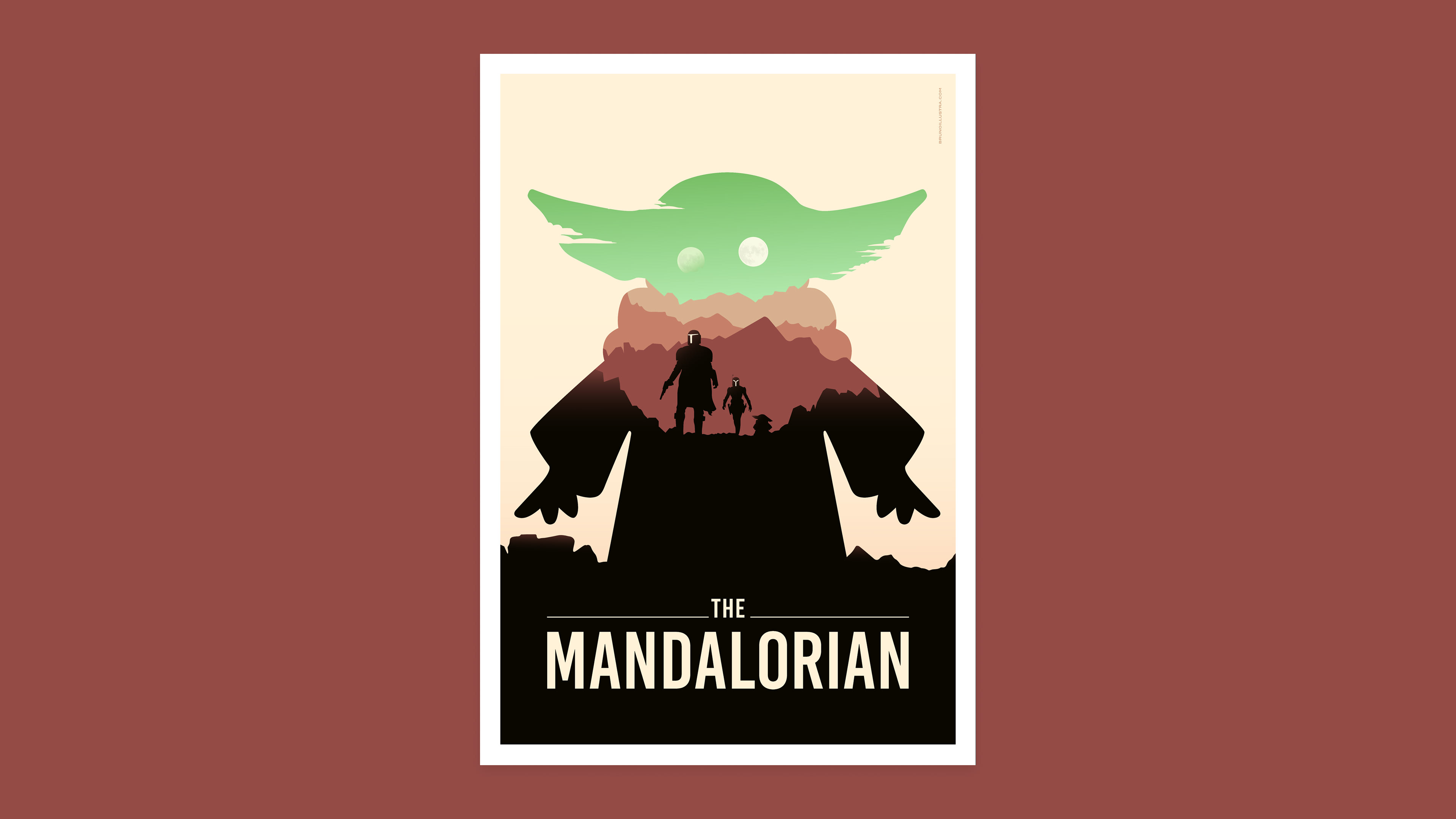 Minimalist poster of The Mandalorian, featuring Din Djarin, Bo-Katan Kryze, and Grogu walking through Mandalore with Grogu’s robes blending into the background.