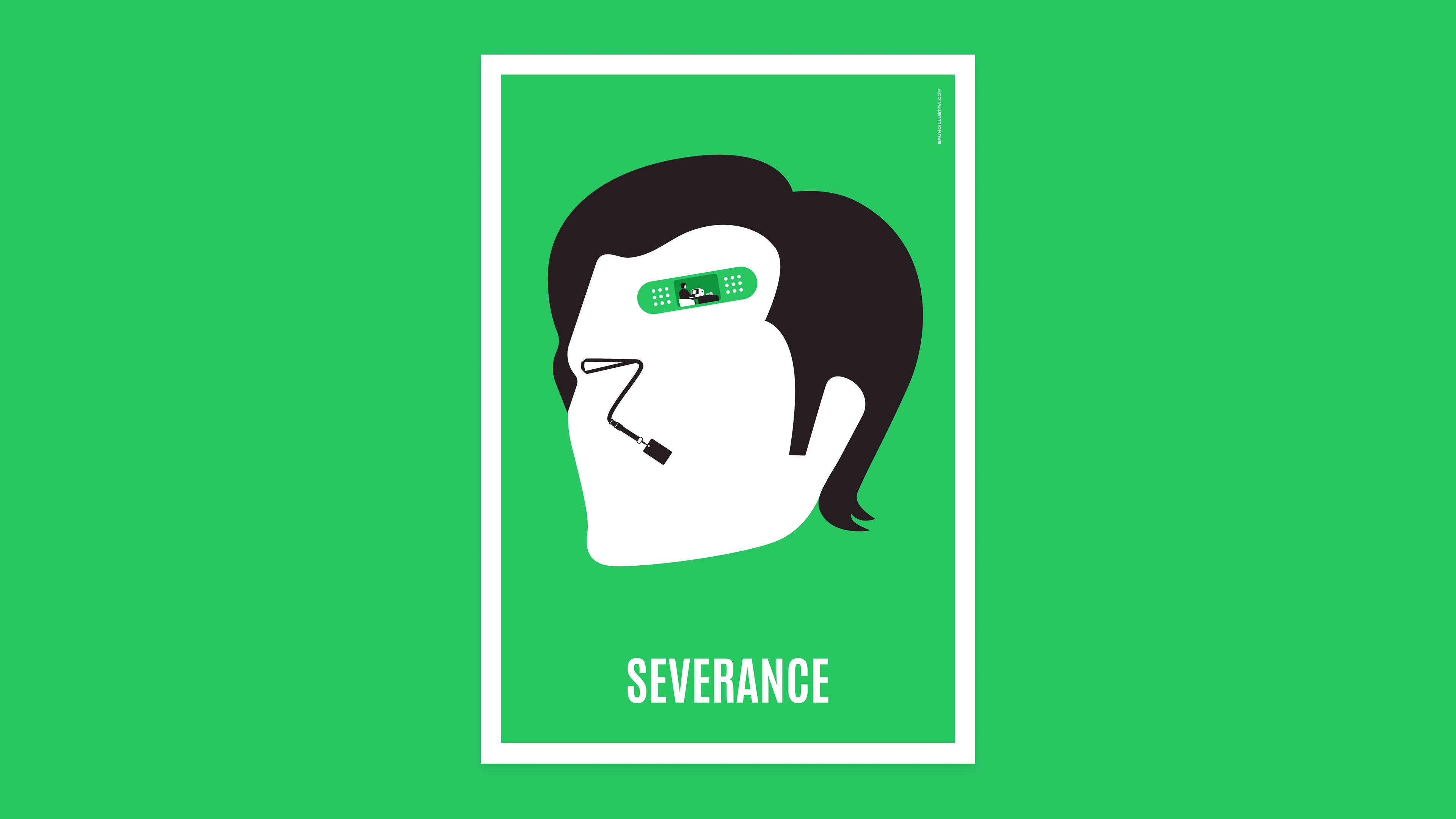 Minimalist poster of Severance, stylizing Mark’s head, with his ID badge forming his face and a band-aid on his forehead, symbolizing the split between his life inside and outside Lumon.