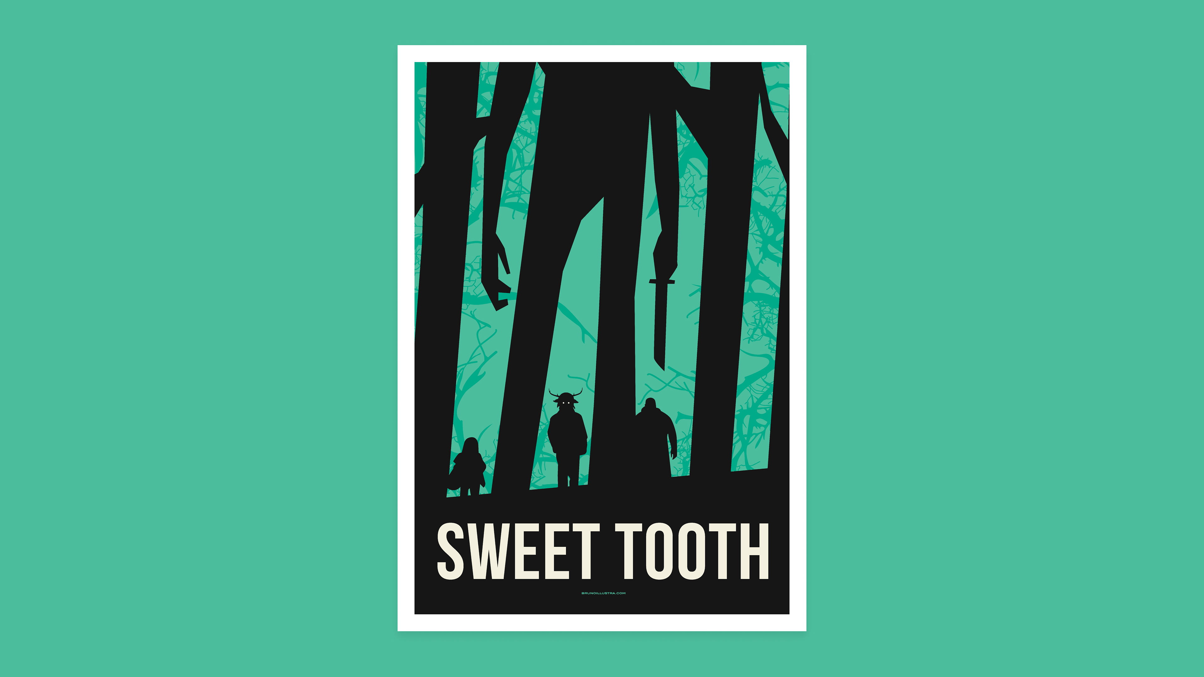 Minimalist poster of Sweet Tooth, featuring the silhouettes of Gus, Bear, and Tommy walking through the forest.