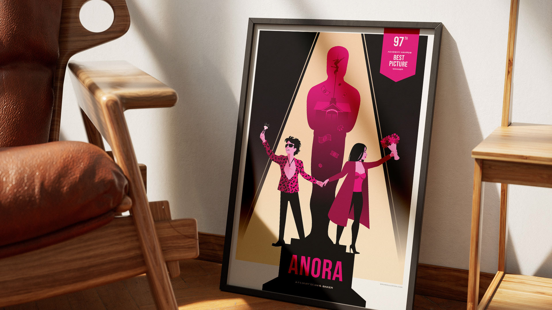 Anora movie poster tribute with Ani and Vanya’s impulsive Las Vegas wedding inside the Oscar shape.