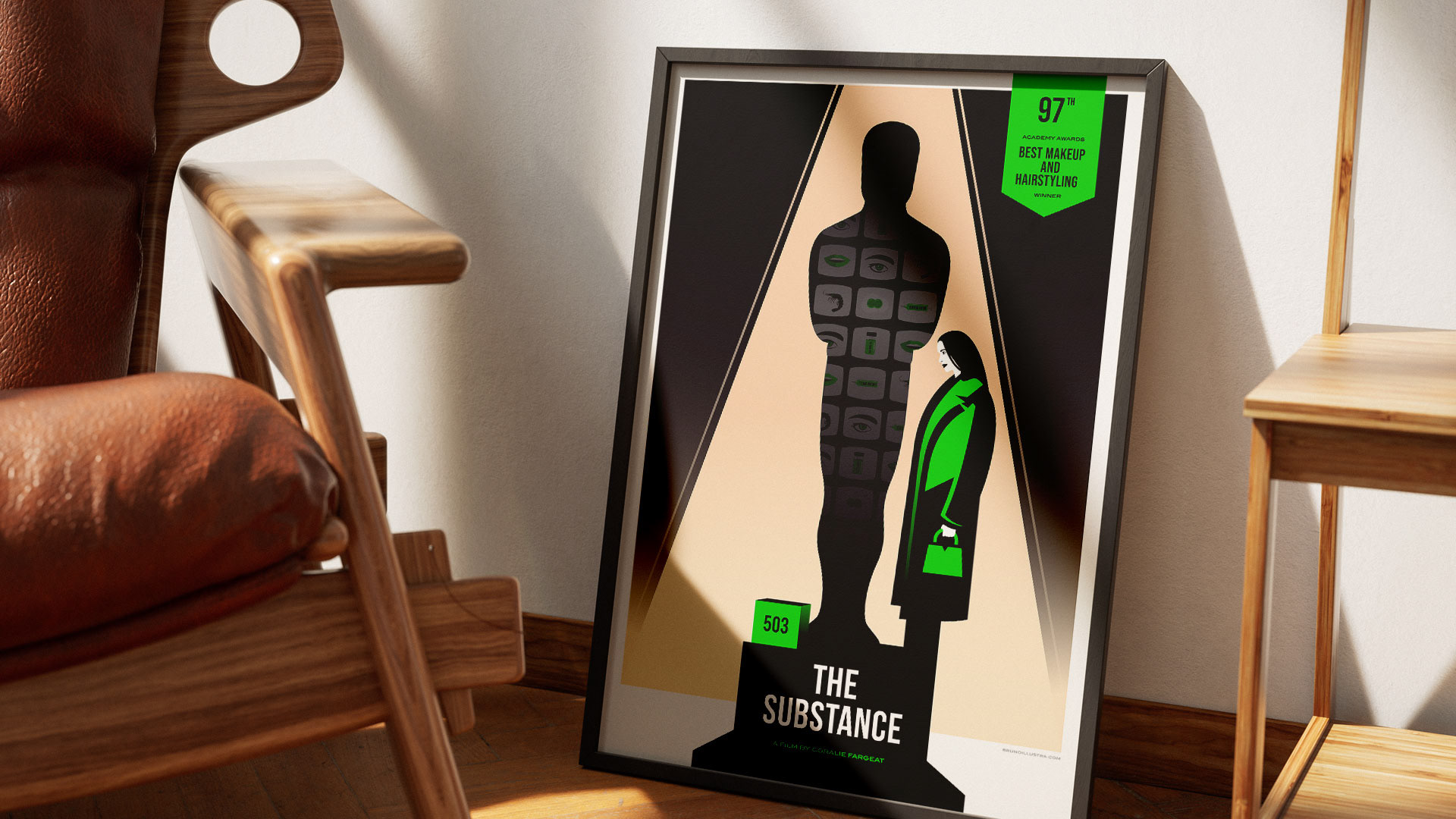 The Substance movie art showing Elisabeth Sparkle opening box 503, with green tones symbolizing vitality and mutation.