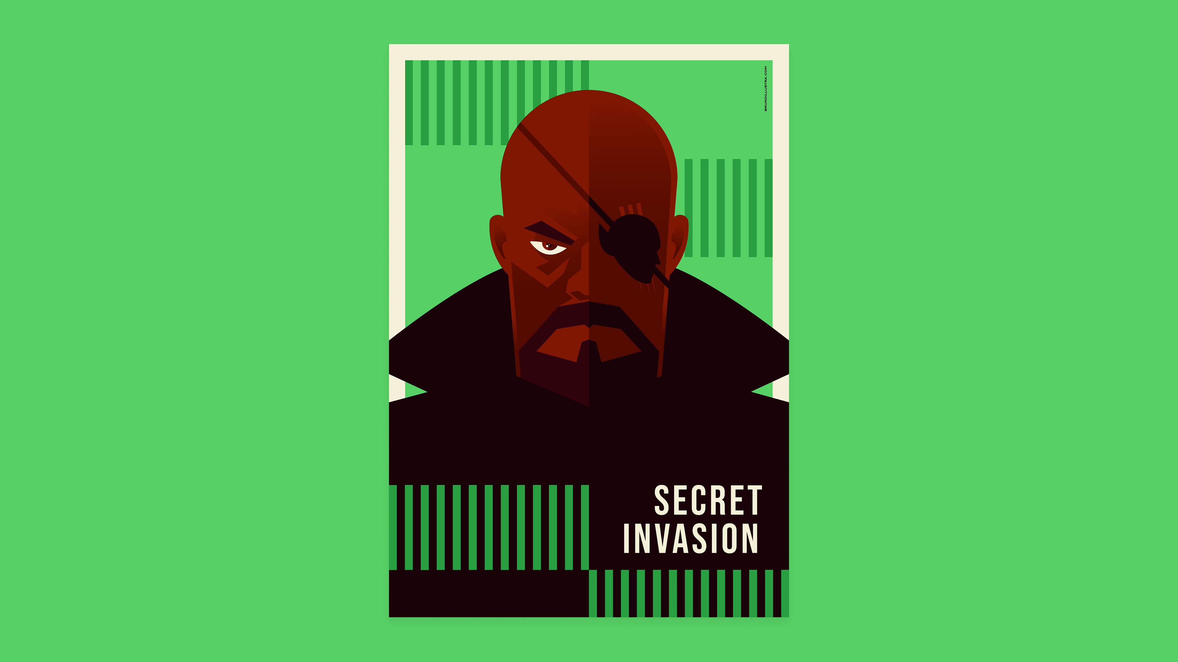 Minimalist poster of Secret Invasion featuring Nick Fury with eyepatch in the shape of a Skrull.