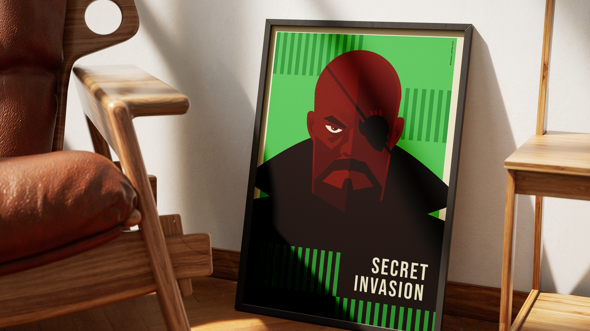 Secret Invasion art in green, symbolizing paranoia, espionage, and alien infiltration.