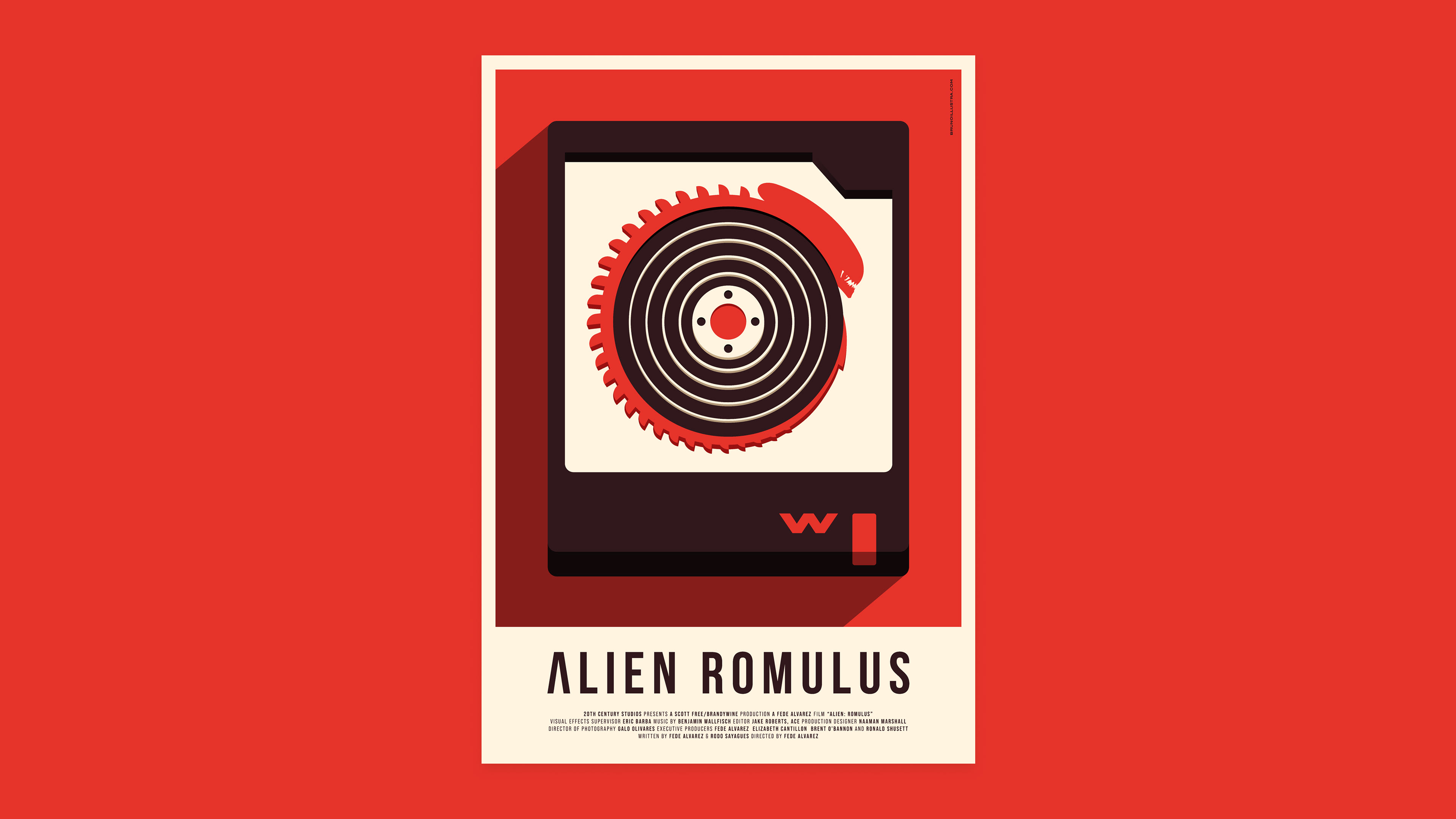 Minimalist poster of Alien Romulus (2024) with a red background featuring a chip that takes the shape of a Xenomorph.