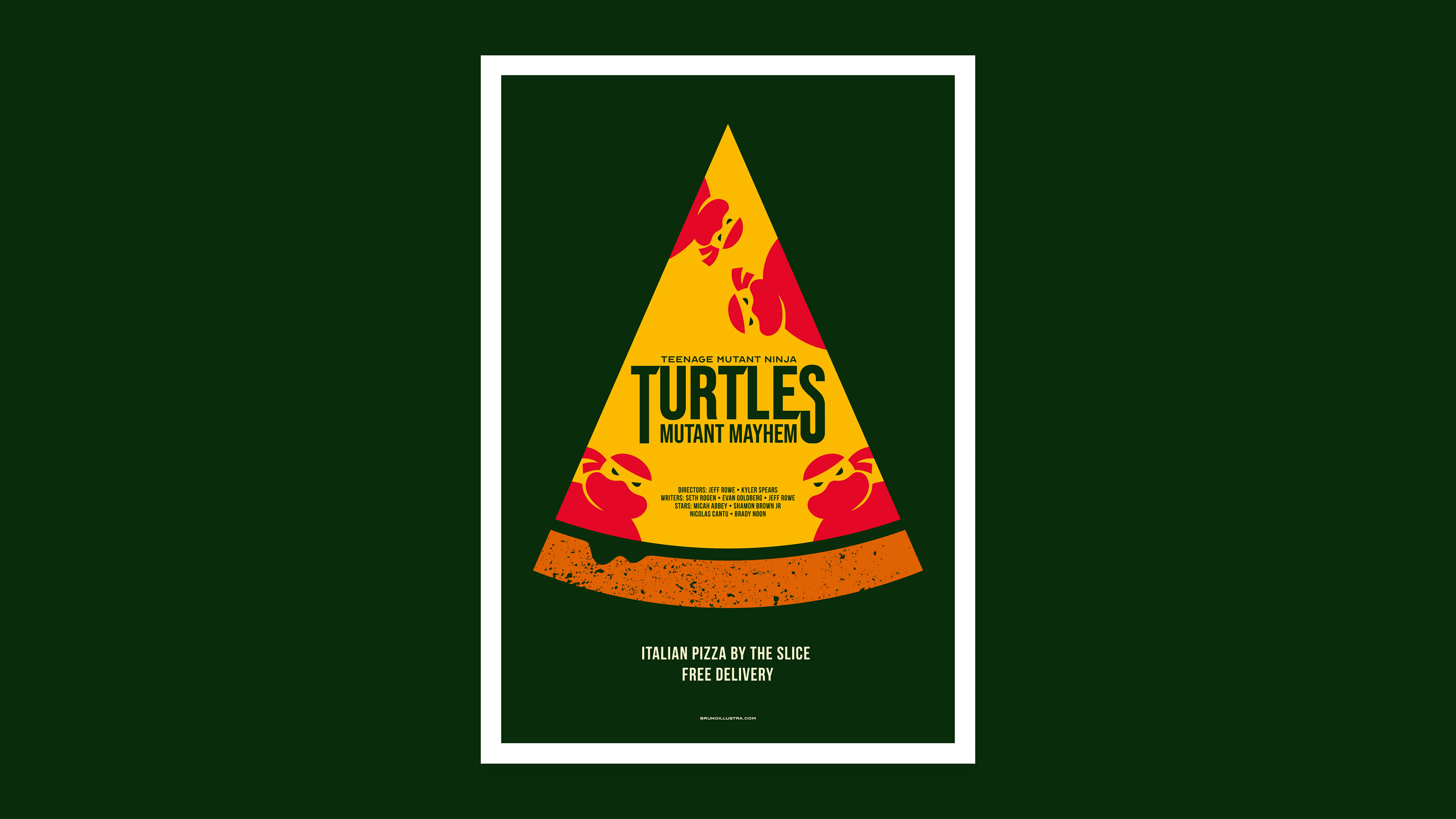 Minimalist poster of Turtles Mutant Mayhem, featuring the four brothers as spots within a pizza slice, which also resembles a sewer grate.