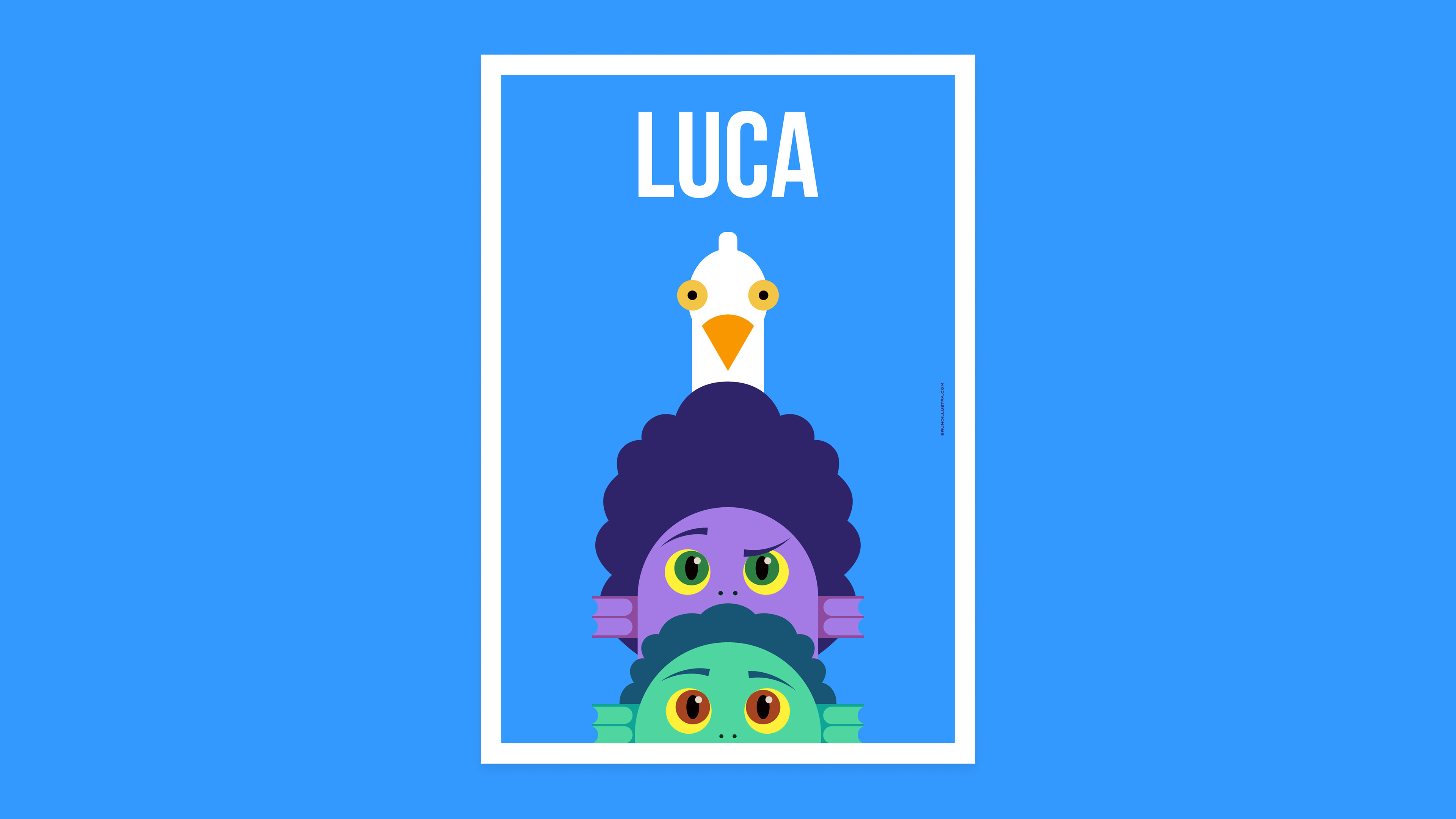 Minimalist poster of Luca, featuring the silhouette of Luca Paguro with a seagull, symbolizing his journey of discovery and adventure.