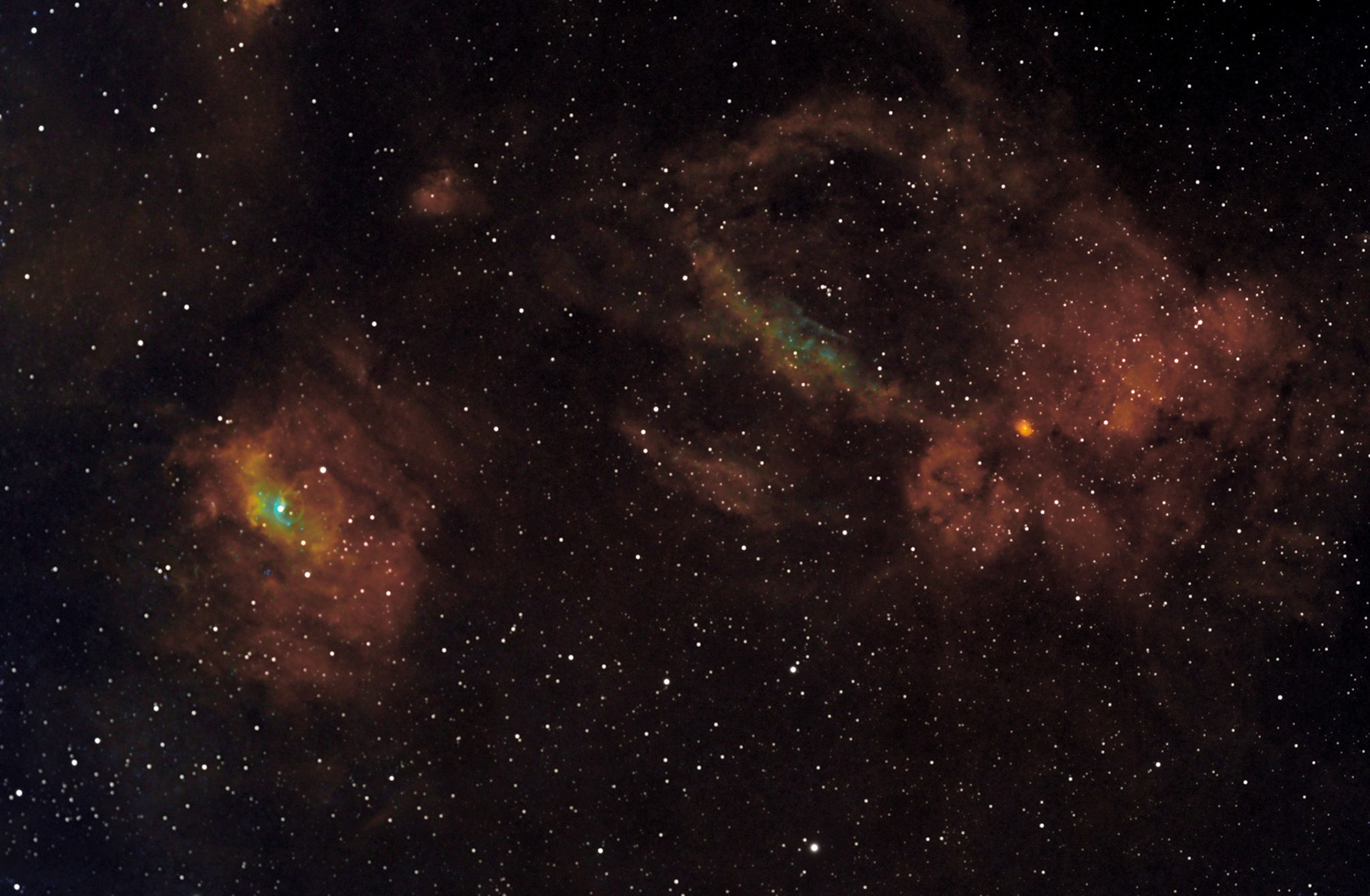 Caldwell 11 The Bubble Nebula on left with gaseous nebulosity, Cassiopeia