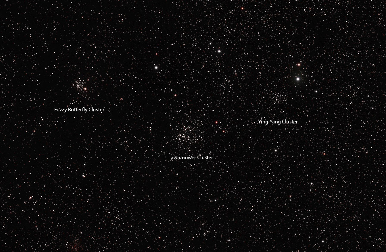 Fuzzy Butterfly, Lawnmower, Yip-Yang clusters brighten the star field of the constellation Cassiopeia.