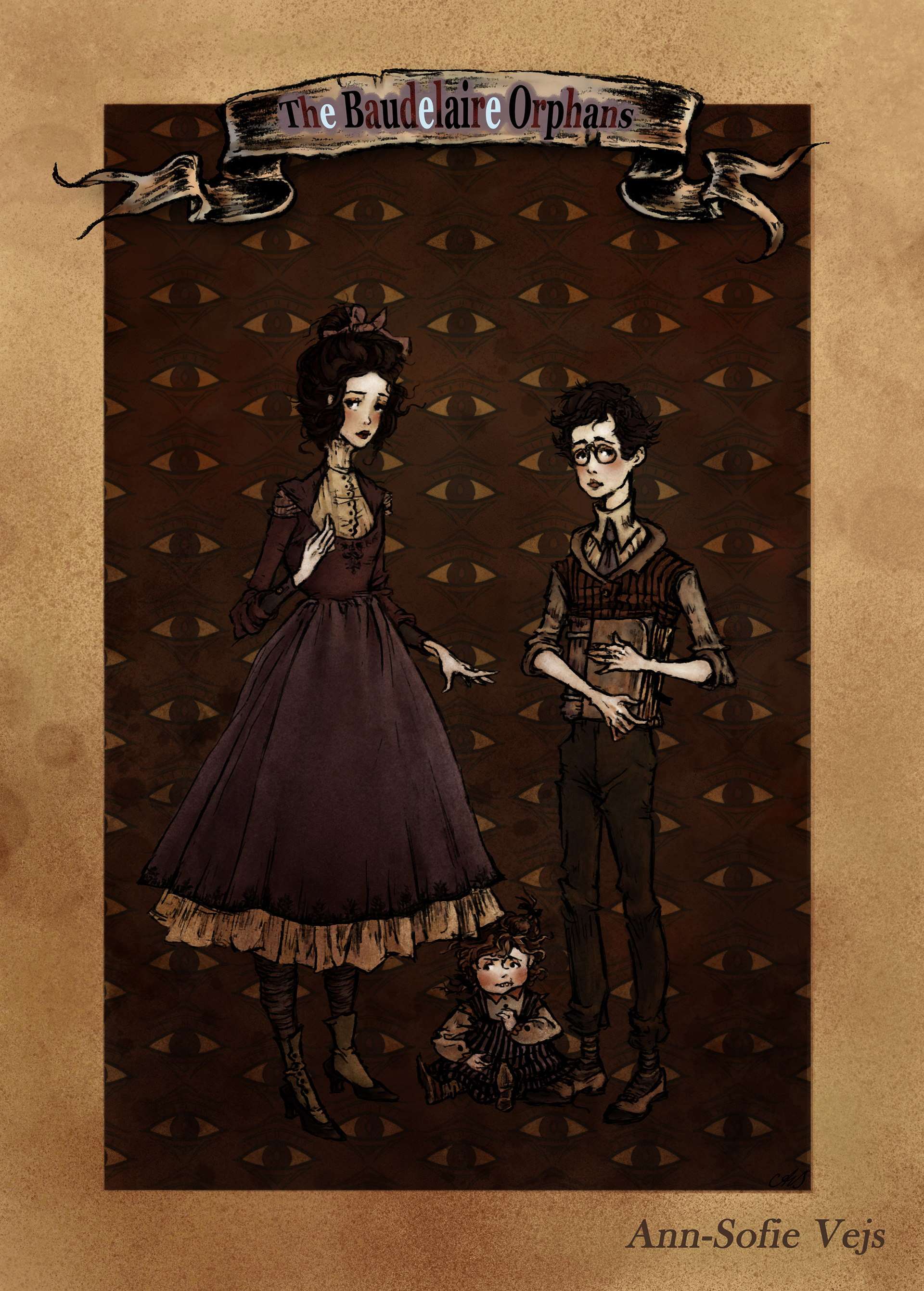 Illustration based on Lemony Snicket's novels: A Series of Unfortunate Events. The Baudelaire children, Violet, Klaus and Sunny. It is made with pencil and Photoshop.