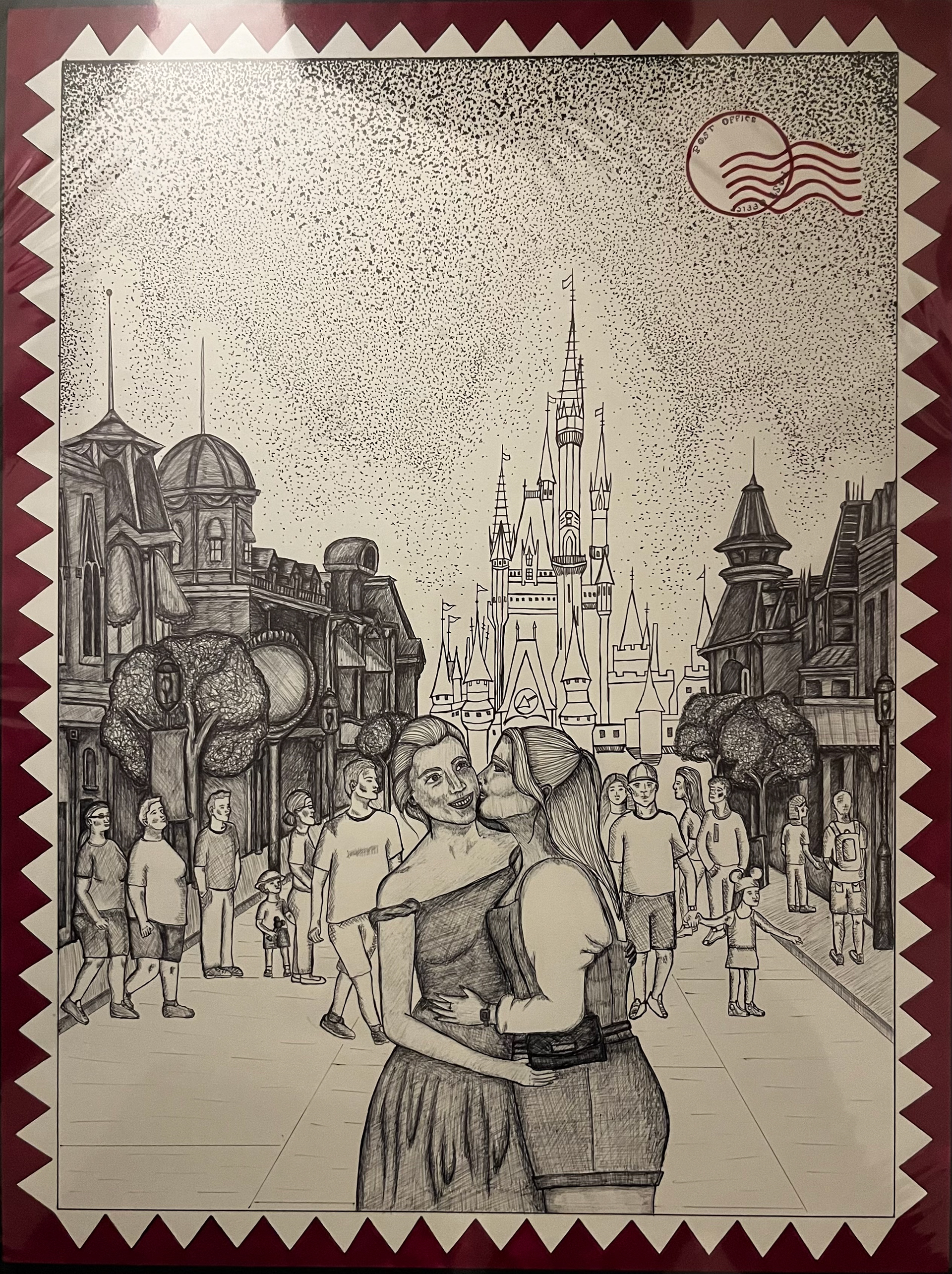 Ink and pen drawing created with a mixture of styles. The assignment criteria was to create a drawing with only one aspect of color. 