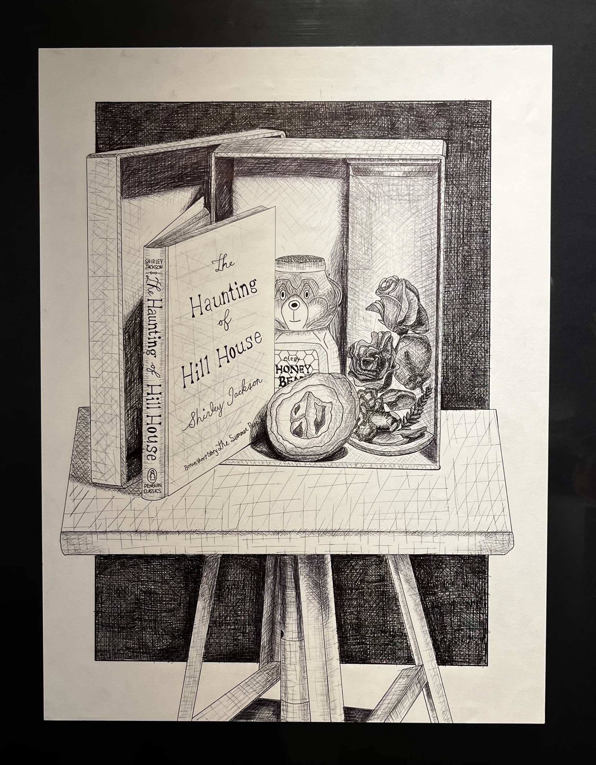Still life drawing created with ball point pen in the crosshatch style. Assignment was to create a still life based off items related to you that would fit in a shoebox.