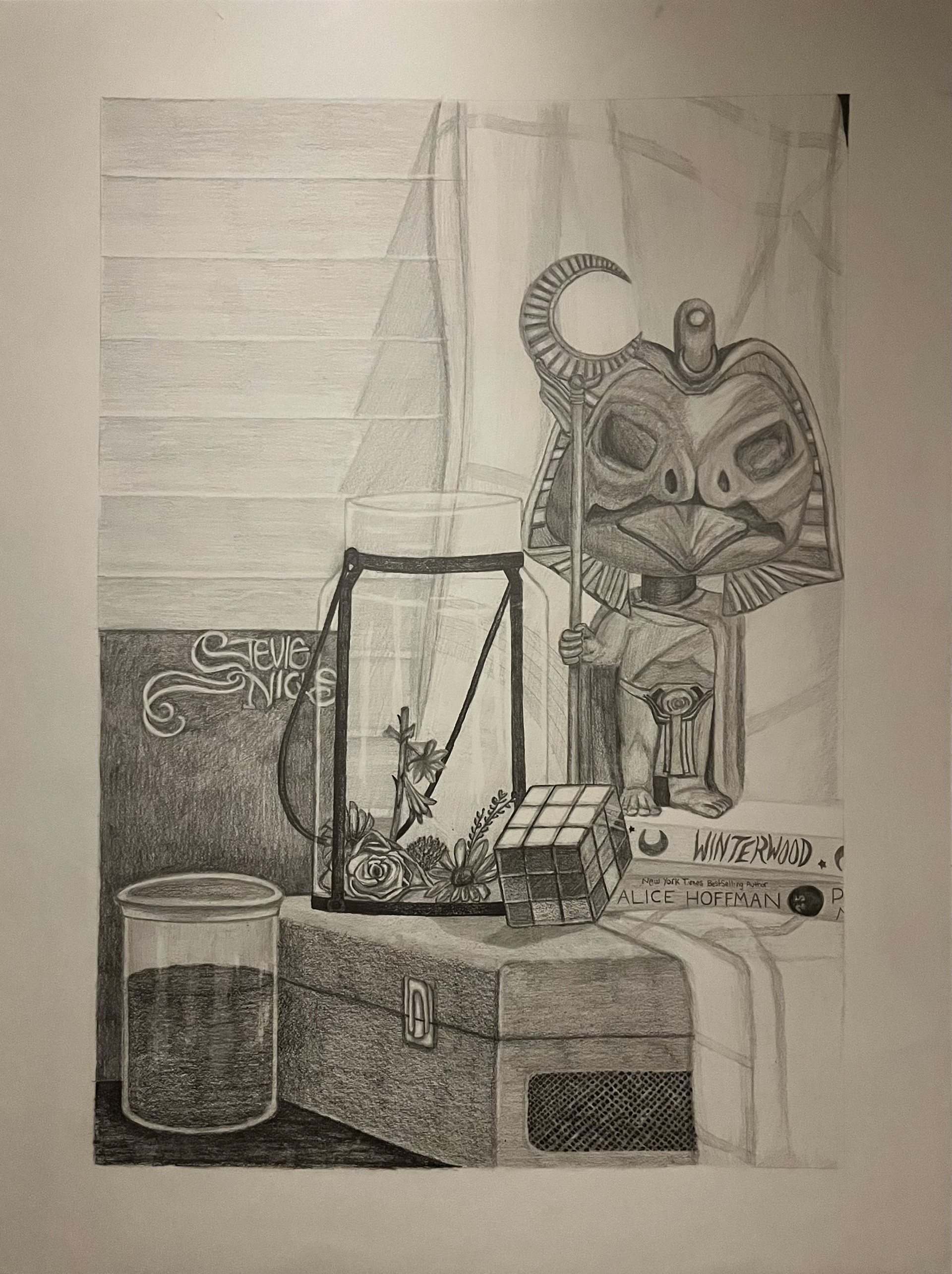 Still life drawing created with graphite pencils.
