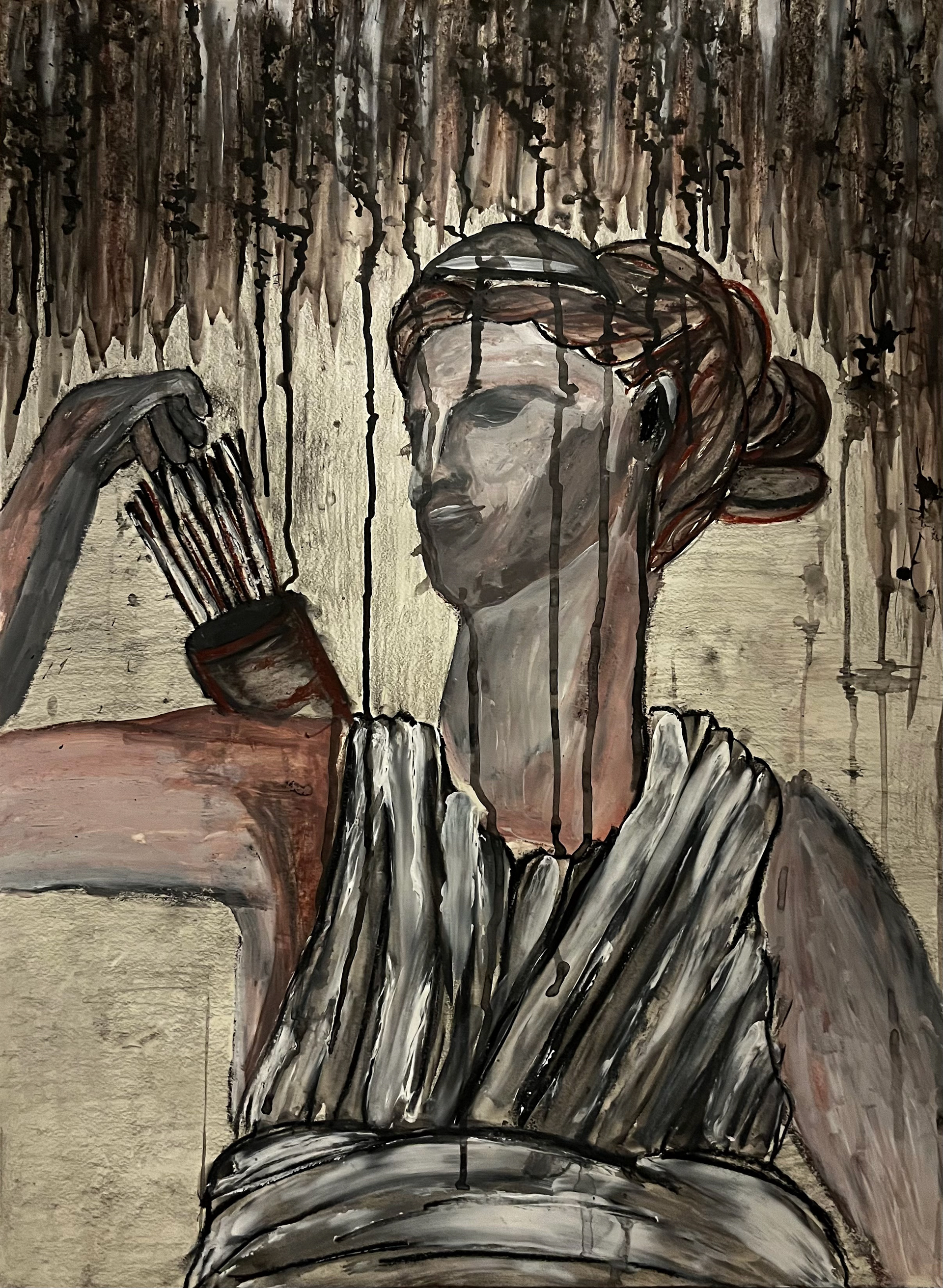 Painting created using black and red charcoals, white paint, and black ink. The assignment goal was to create without a plan or reference to see what could come from starting with random strokes. 