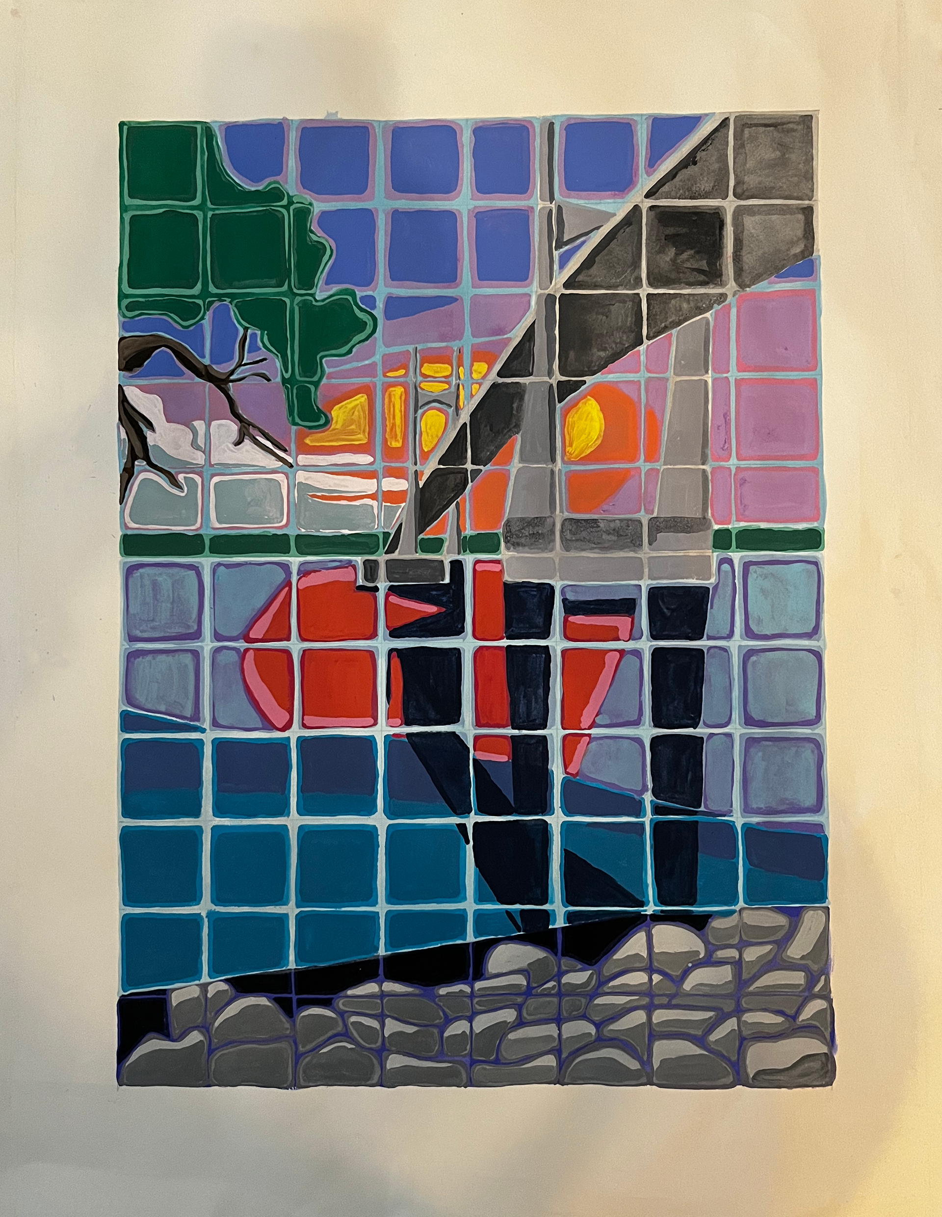 Class assignment to study grid style painting, originated by artist, Chuck Close.  A grid was made over a sketch and then section by section, layers of paint were added.