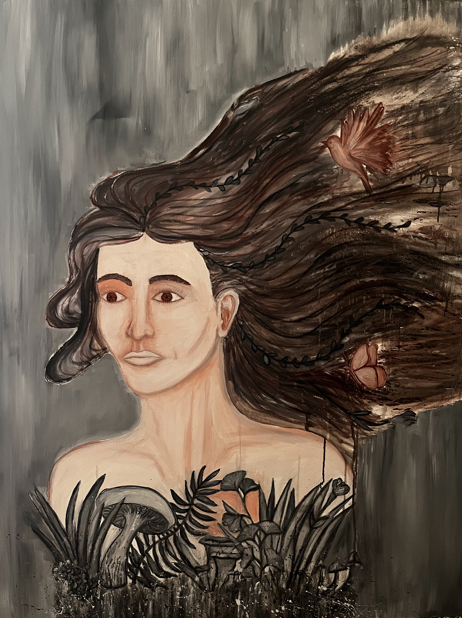 Painting created using only black and Sienna charcoals and white paint. Assignment criteria was to create the painting without a paint brush.