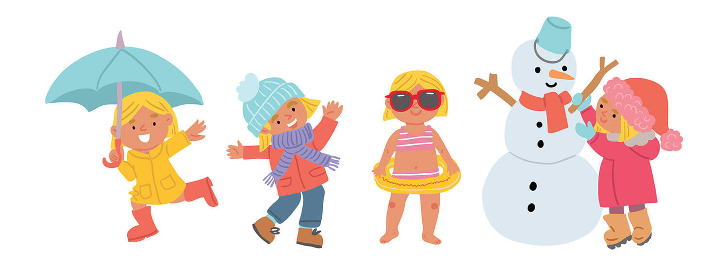 little girl character design and seasons of the year illustration for activity cards by Tatiana Vovchek