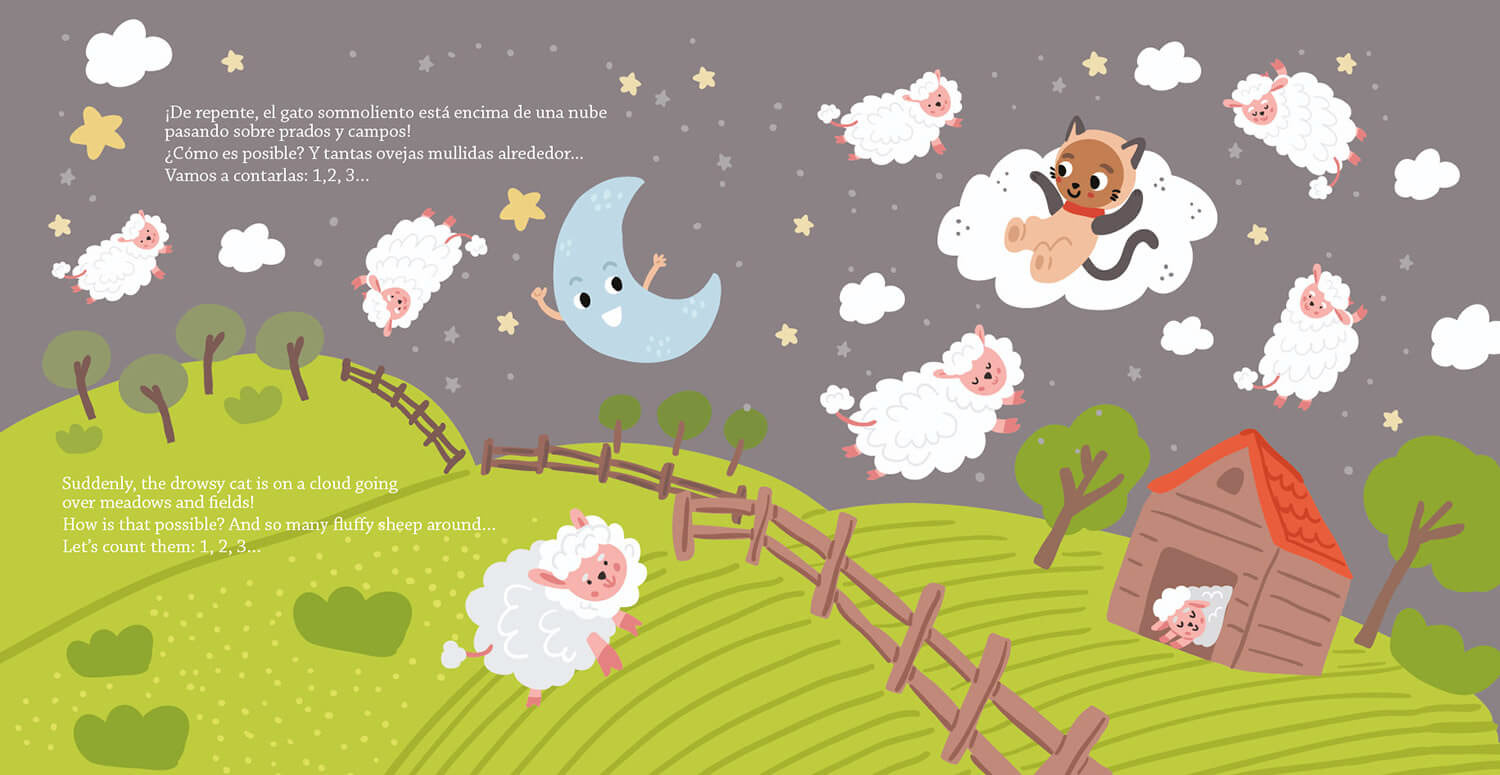 sheeps in the sky, cat, moon for strolling with the moon picture book bedtime story by Tatiana Vovchek