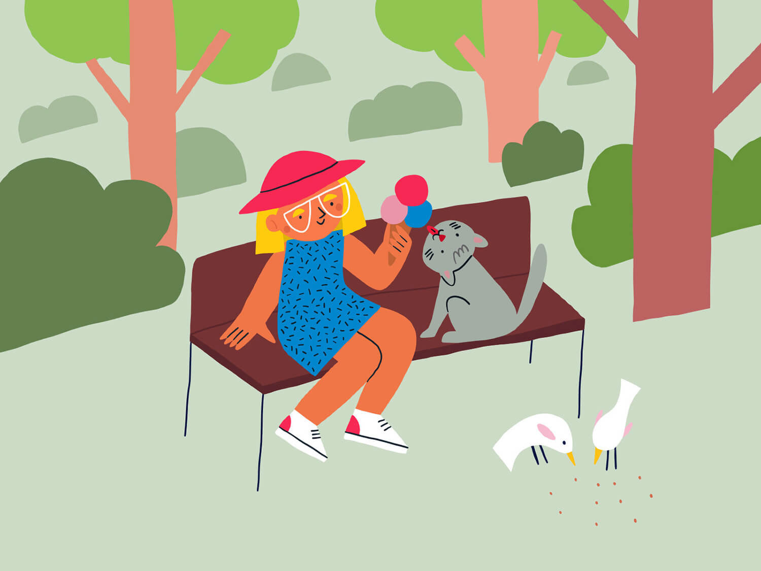 little girl and the cat in the park, kidlit illustration by Tatiana Vovchek